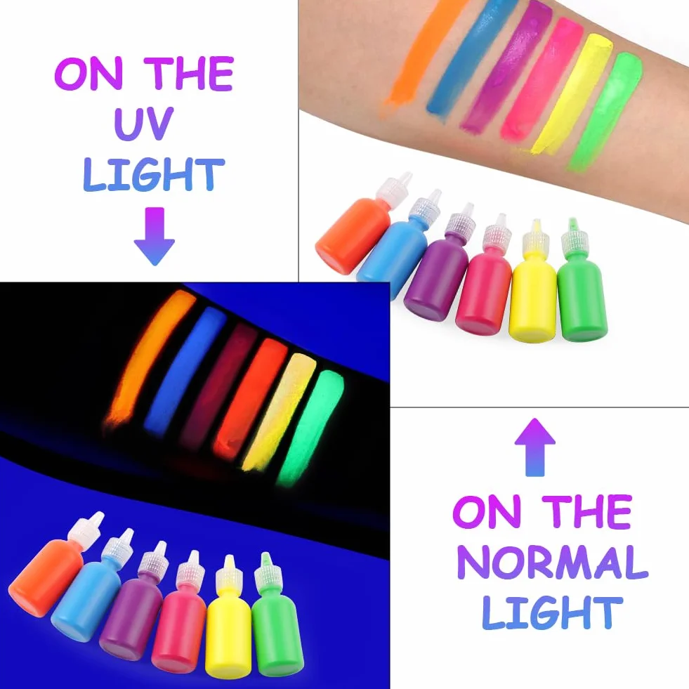 LOPHE Farba do twarzy dla dzieci, zestaw do malowania twarzy 6*30 ml, neonowa farba do twarzy z lampą UV, fluorescencyjne farby do twarzy i ciała, hipoalergiczny, makijaż UV Halloween Festival (zestaw