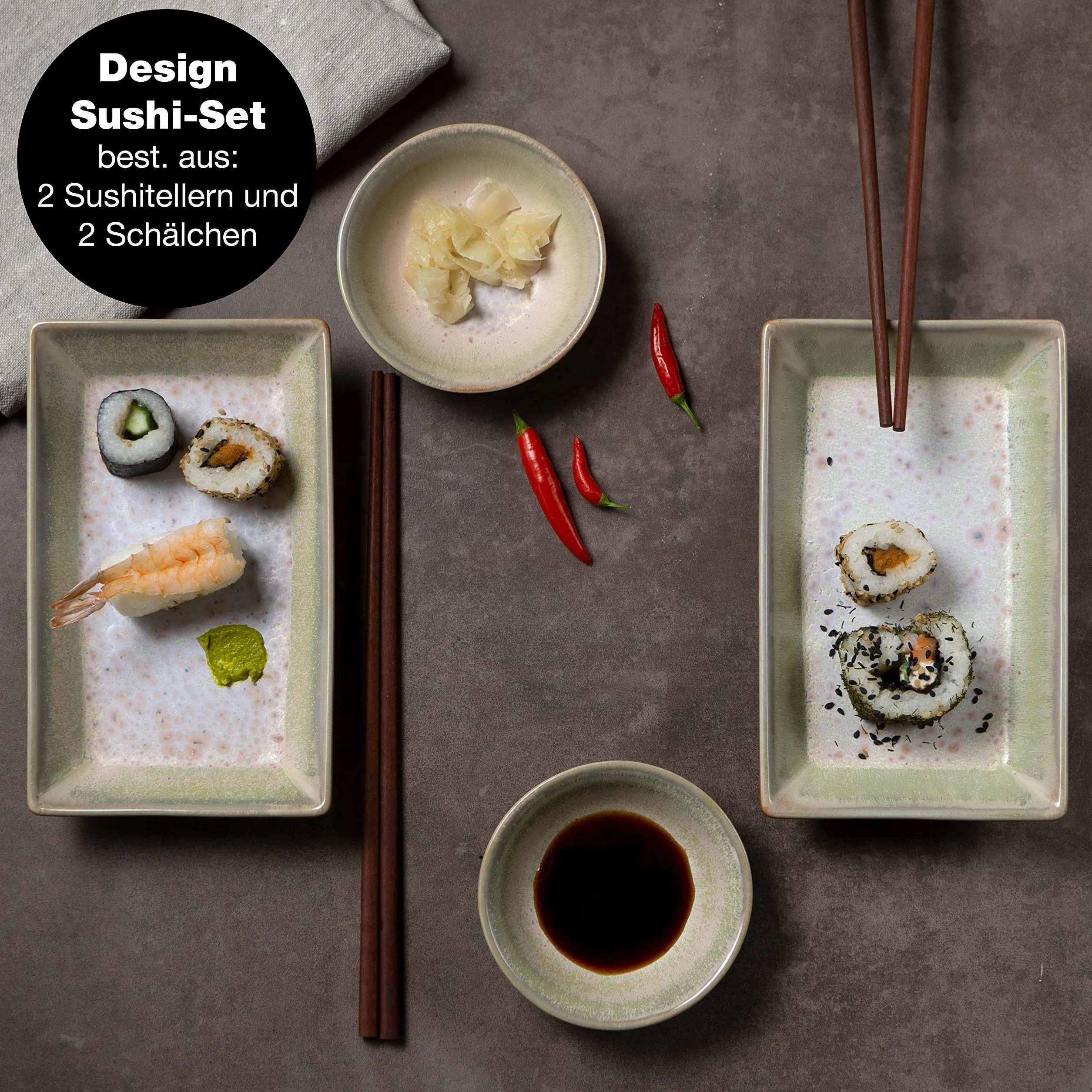 Moritz & Moritz 4-częściowy zestaw naczyń do sushi dla 2 osób – zestaw do serwowania sushi z 2 talerzami do sushi i 2 miseczkami do dipów – beżowo-fioletowy z reaktywną glazurą