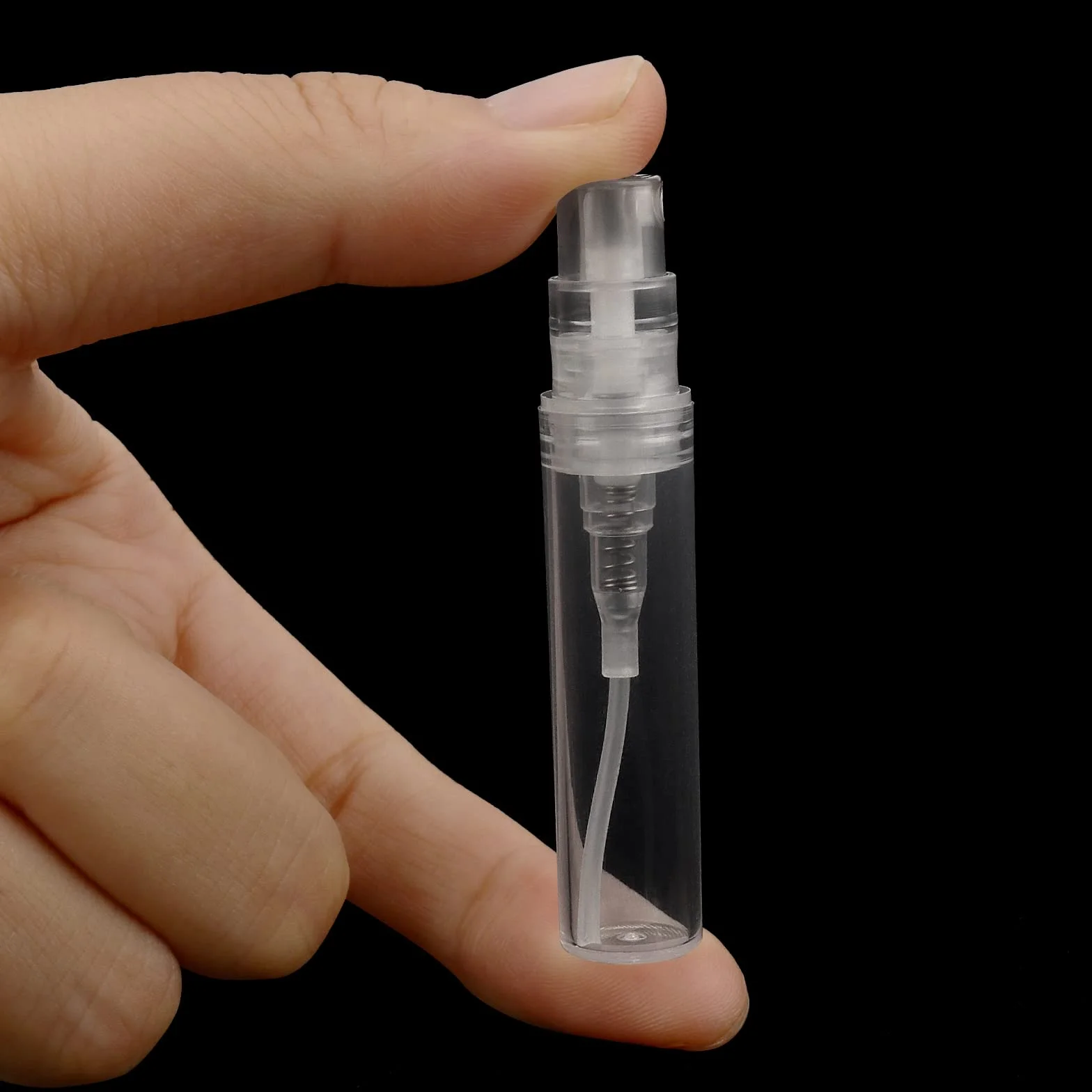 100 sztuk mini butelek z rozpylaczem, 3 ml, do wielokrotnego napełniania, plastikowa butelka z rozpylaczem, przezroczysta, z tworzywa sztucznego, rozpylacz perfum do podróży, balsamu, perfum
