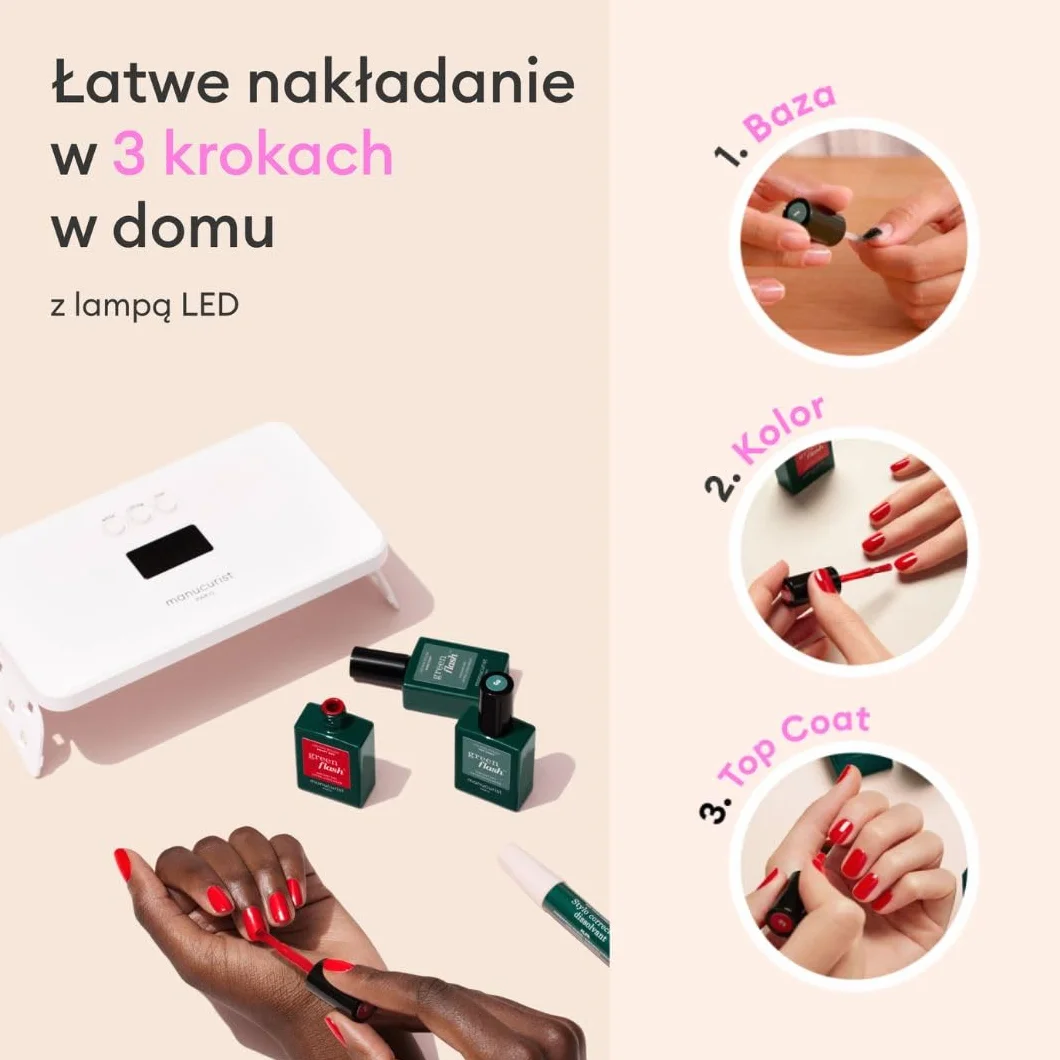 MANUCURIST - Zestaw lakierów żelowych Green Flash Slim - Lampa LED 36 W z powłoką bazową + Top Coat + 2 kolory żelowe: Poppy Red & Hortencia + Lampa LED + Remover + Klipsy - Prezent dla kobiet