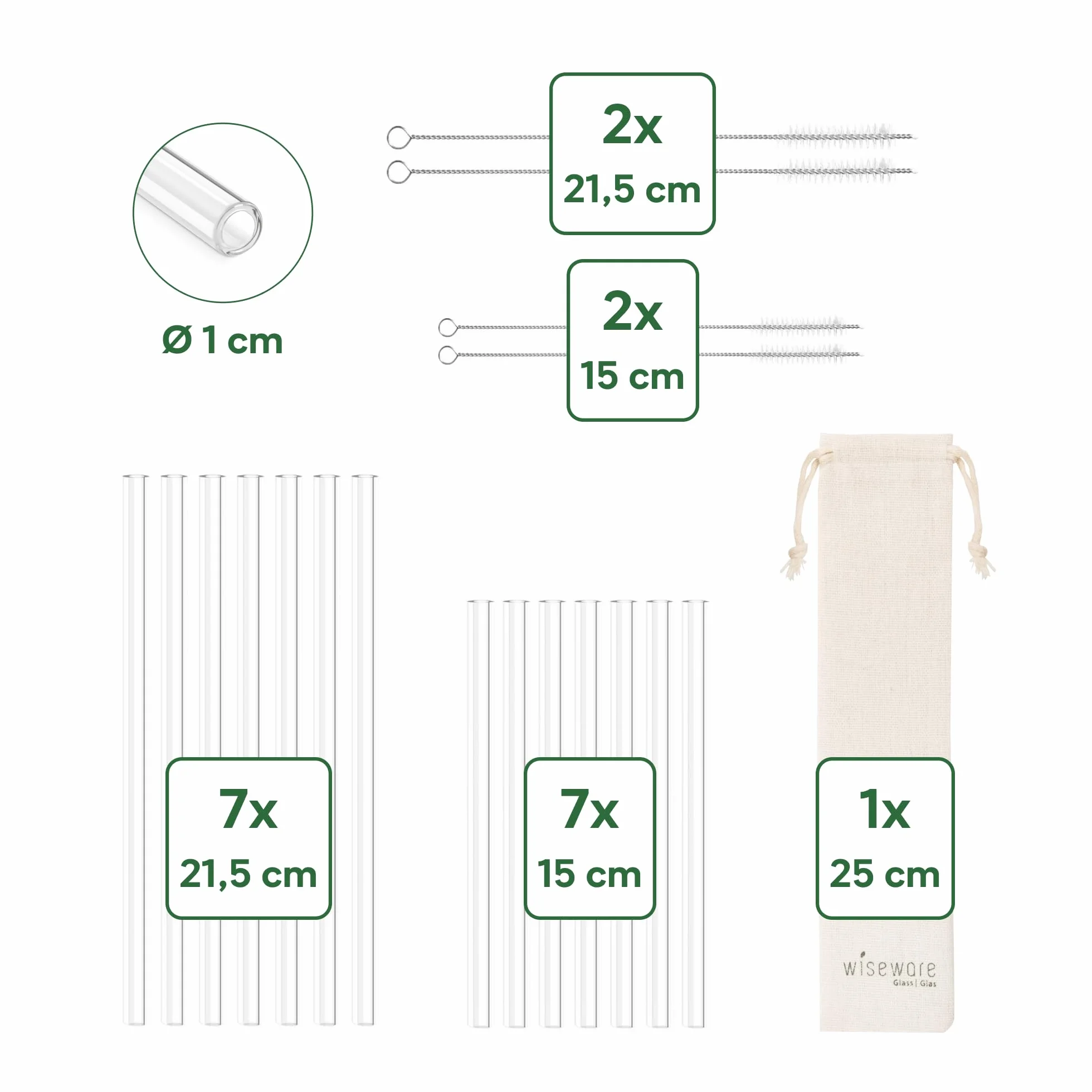Wisefood® Słomki szklane Ø 10 mm [14 szt.] Słomki szklane z 4 x szczotkami [przezroczyste] słomki Bubble Tea jako szklane słomki [21,5 cm i 15 cm), szklane słomki długie i krótkie
