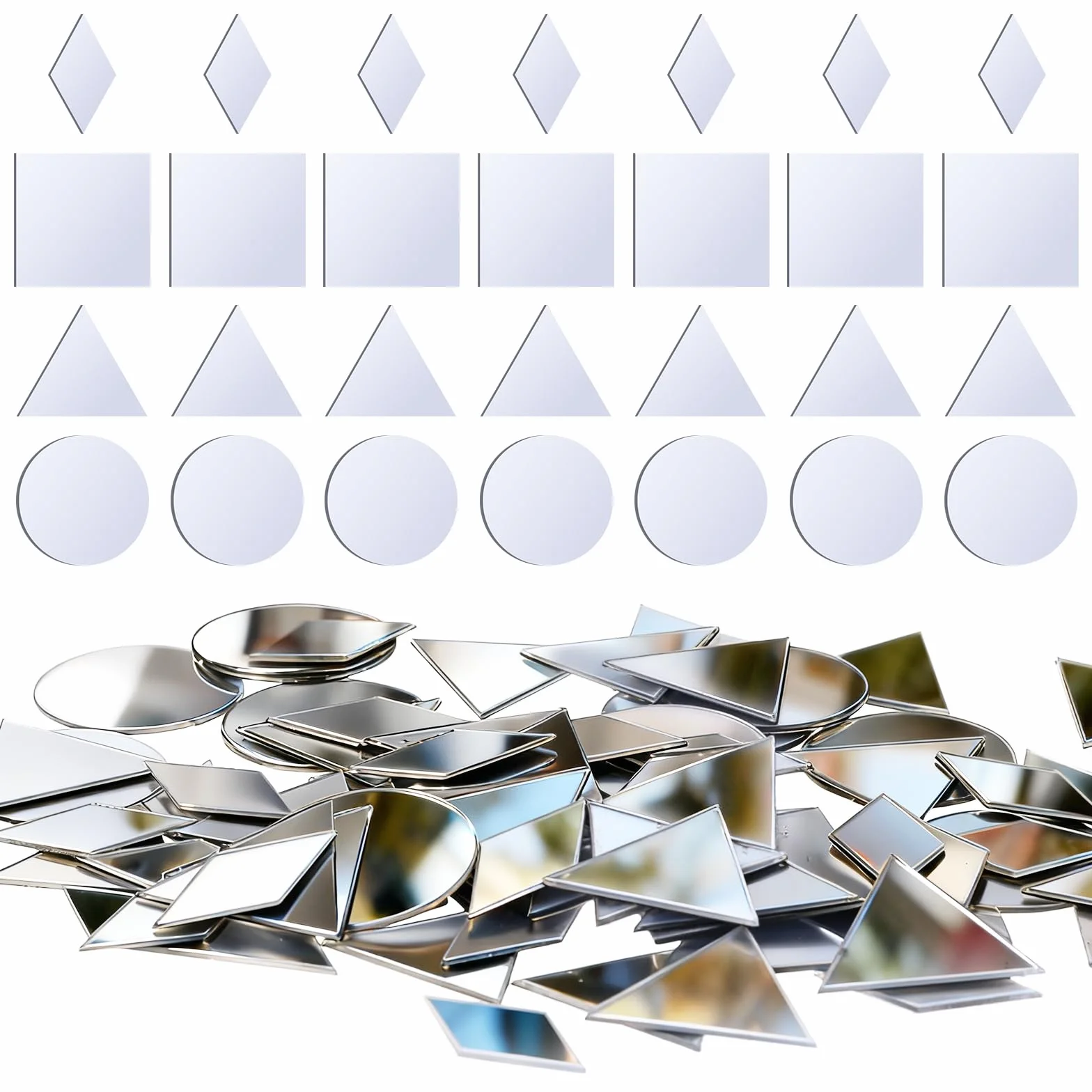 200 małych lusterek do majsterkowania, 4 kształty, mini lustra, mozaika, samoprzylepne, do rękodzieła, lustrzane płytki do sztuki, na ścianę, dekoracja "zrób to sam" (okrągłe + romb + trójkąt