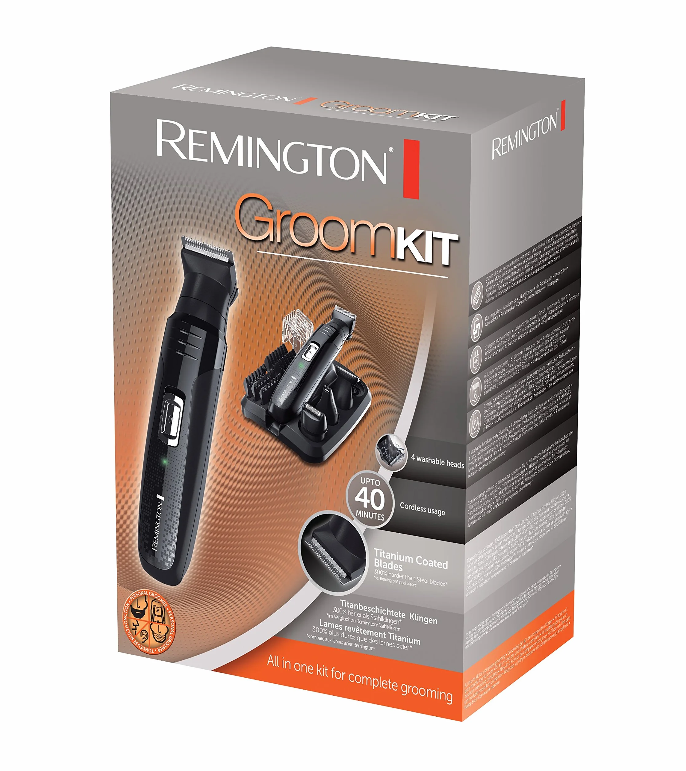 Remington GroomKit PG6130 trymer do brody i ciała, ostrza tytanowe, 5 nakładek 1.5-12mm, regulowany grzebień 2-20mm, zmywalna głowica, czarny