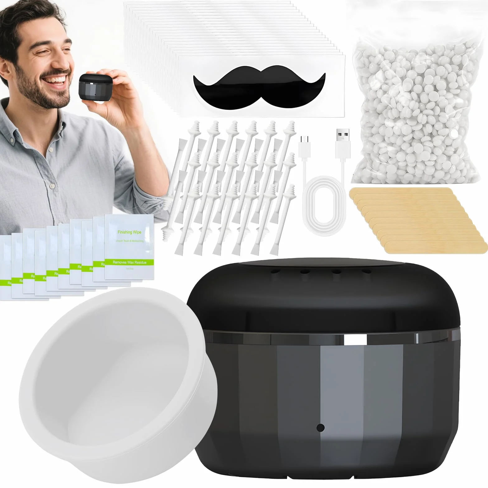 Zestaw do woskowania nosa dla mężczyzn, przenośny zestaw woskowy do usuwania włosów, szybkie podgrzewanie USB, mini dzbanek z woskiem 100 g, 30 patyczków do woskowania uszu nosa, 20 szablonów