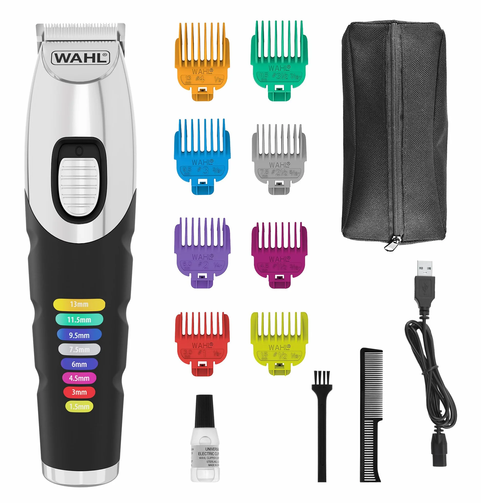 Wahl Color Trim Trymer Do Brody, Grzebienie Prowadzące z Kodami Kolorów, Czas Pracy 240 Min, Ładowarka USB, Precyzyjnie Szlifowane Ostrza