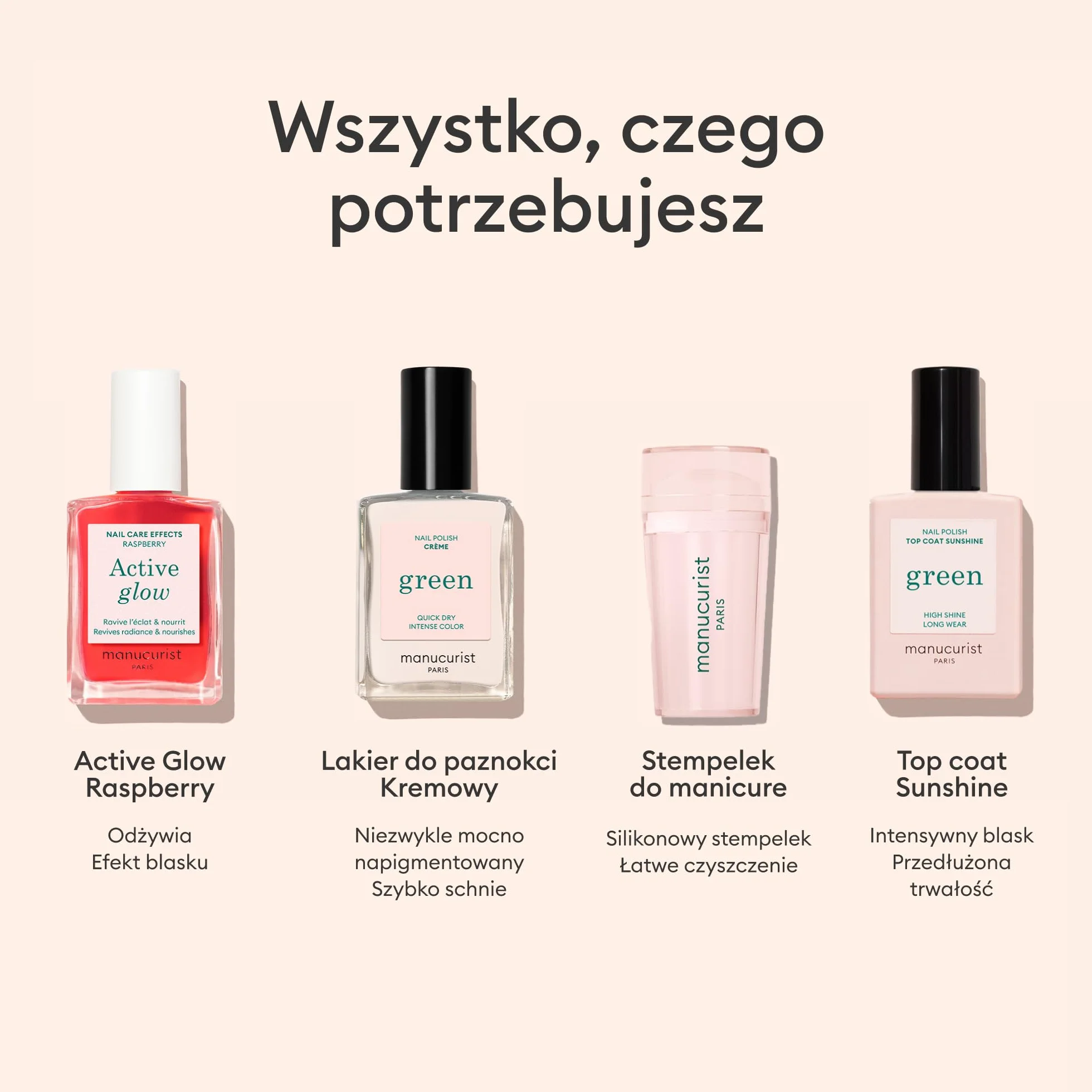 Manucurist – Zestaw Active French Manicure Routine – Active™ Glow Raspberry Lakier Wzmacniający, Green™ Crème Mini, Mani Stamper oraz Sunshine Top Coat Efekt Żelowy – French Manicure Kit