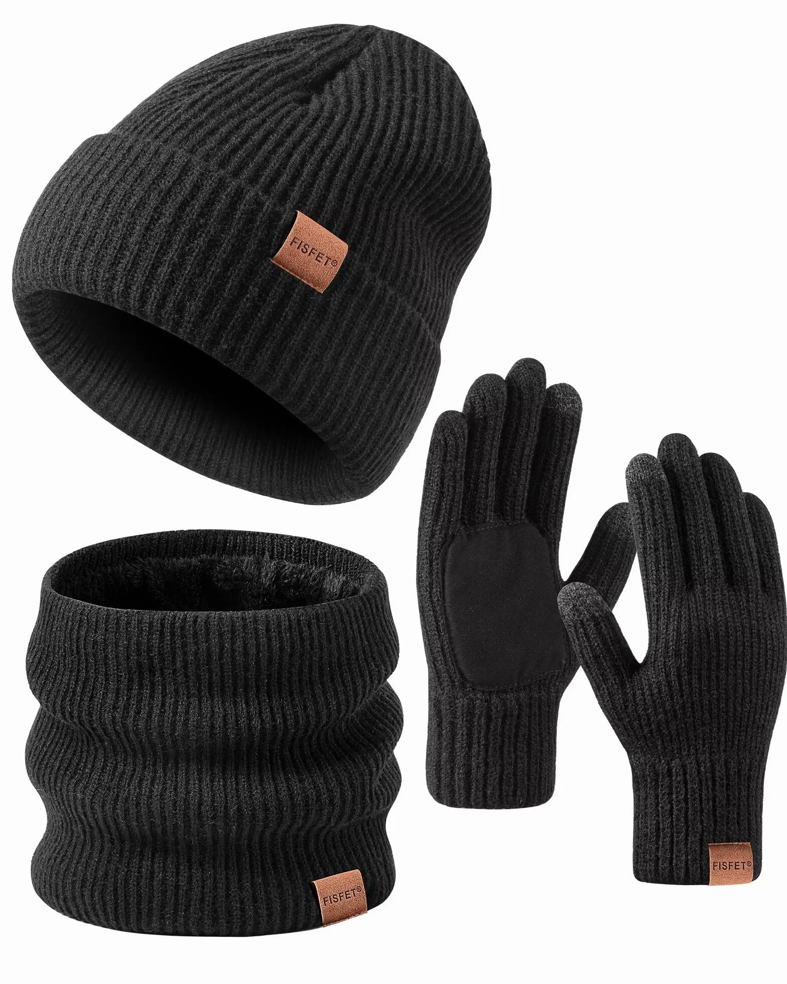 FISFET Męski damski kapelusz szalik rękawiczki zestaw zimowy, dzianinowa podszewka ciepłe zimowe rękawiczki do ekranu dotykowego, czapka beanie ocieplacz na szyję, na zimną pogodę, modny 3 w 1 zimowy