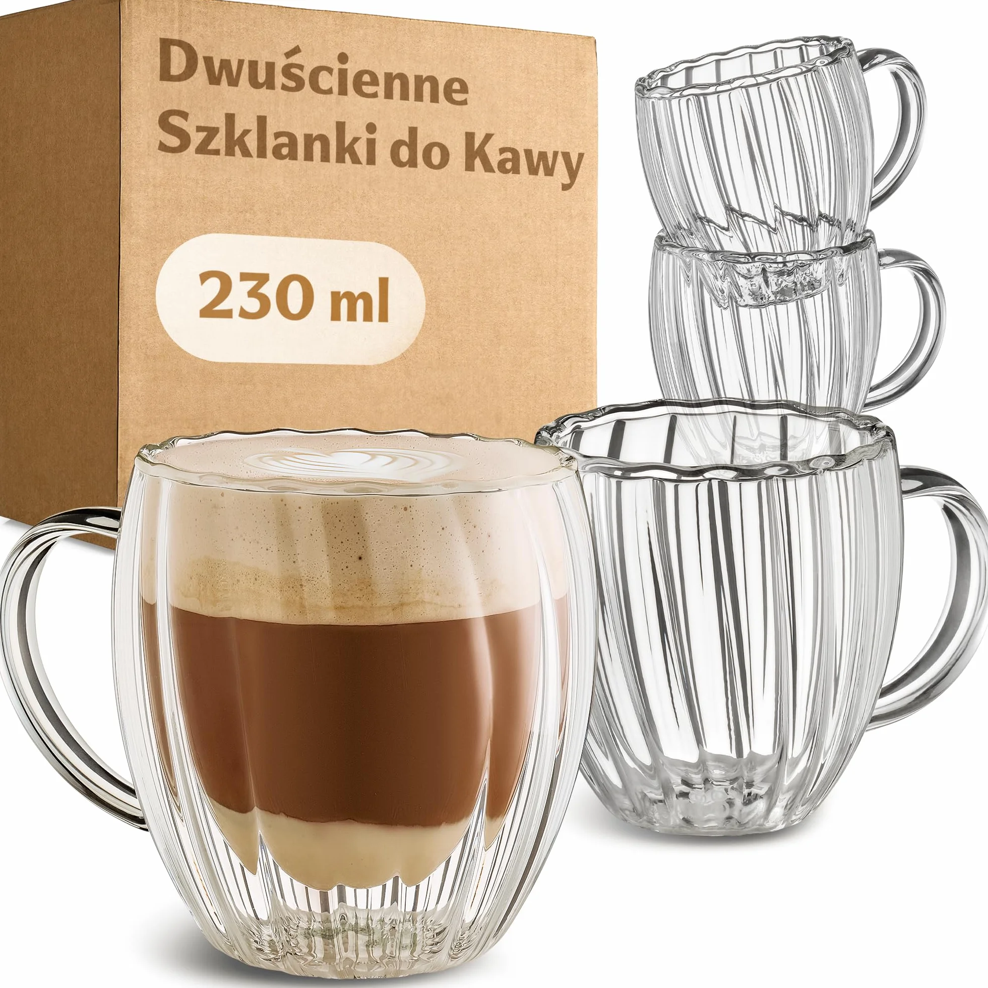 Cosumy Filiżanki do Cappuccino Szklane Dwuścienne - 4szt 230ml - Efekt pływający izolujący ciepło - Żłobkowana konstrukcja - Odporne na ciepło - Można myć w zmywarce