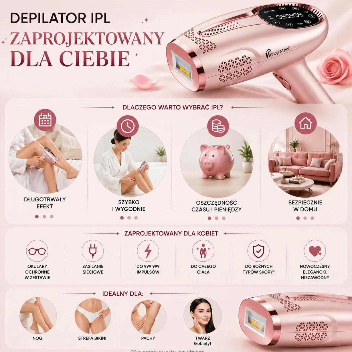 Depilator IPL z Chłodzeniem Ice Cool FitbyMed 1 000 000 Impulsów 9 Poziomów Mocy Tryb AUTO Czujnik Skóry Różowy