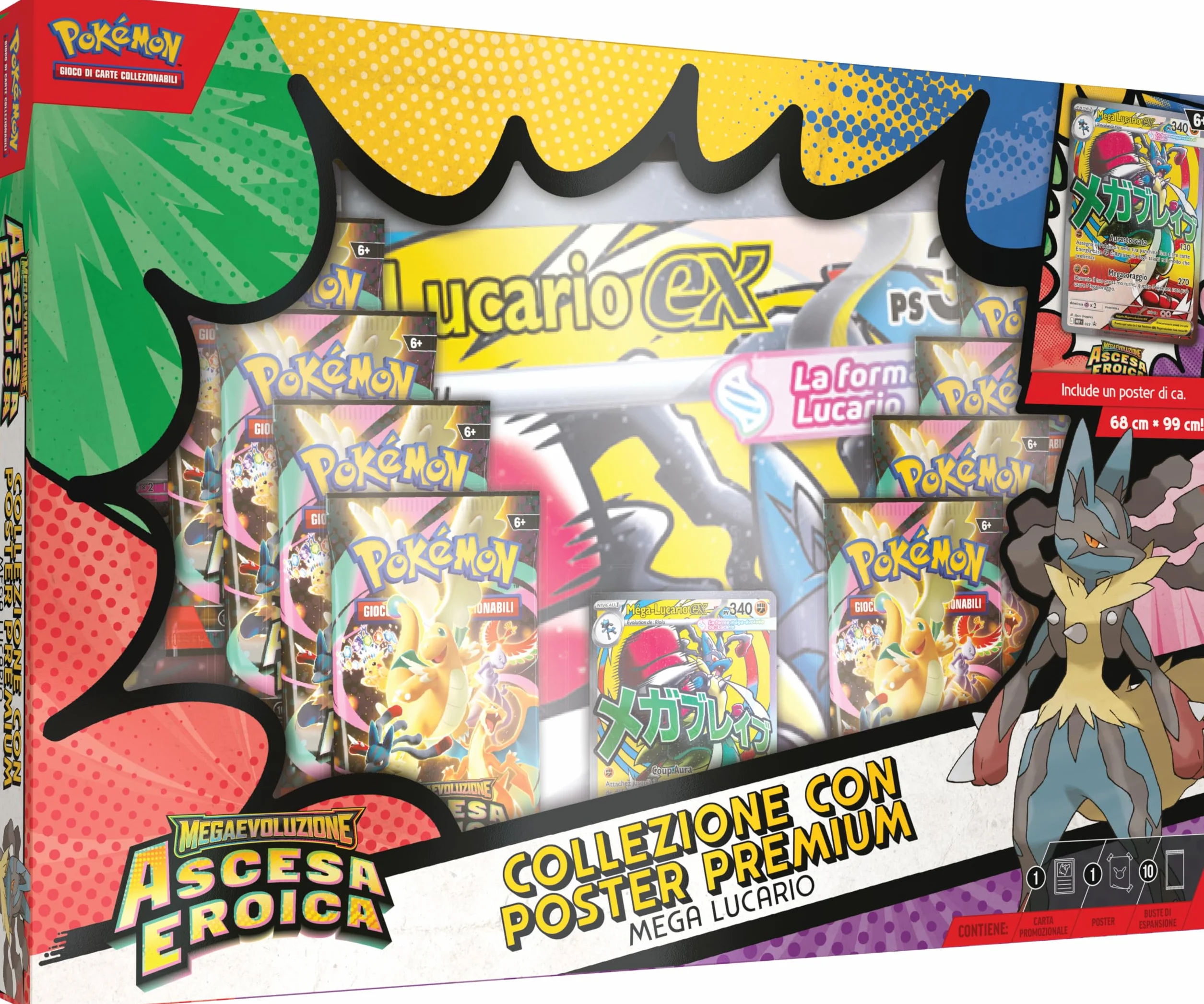 Pokémon: Mega Lucario Expansion Expansion MegaEvolution Collection - Heroiczne powstanie GCC Pokémon (holograficzna karta promocyjna, plakat dwustronny i 10 rozszerzeń)