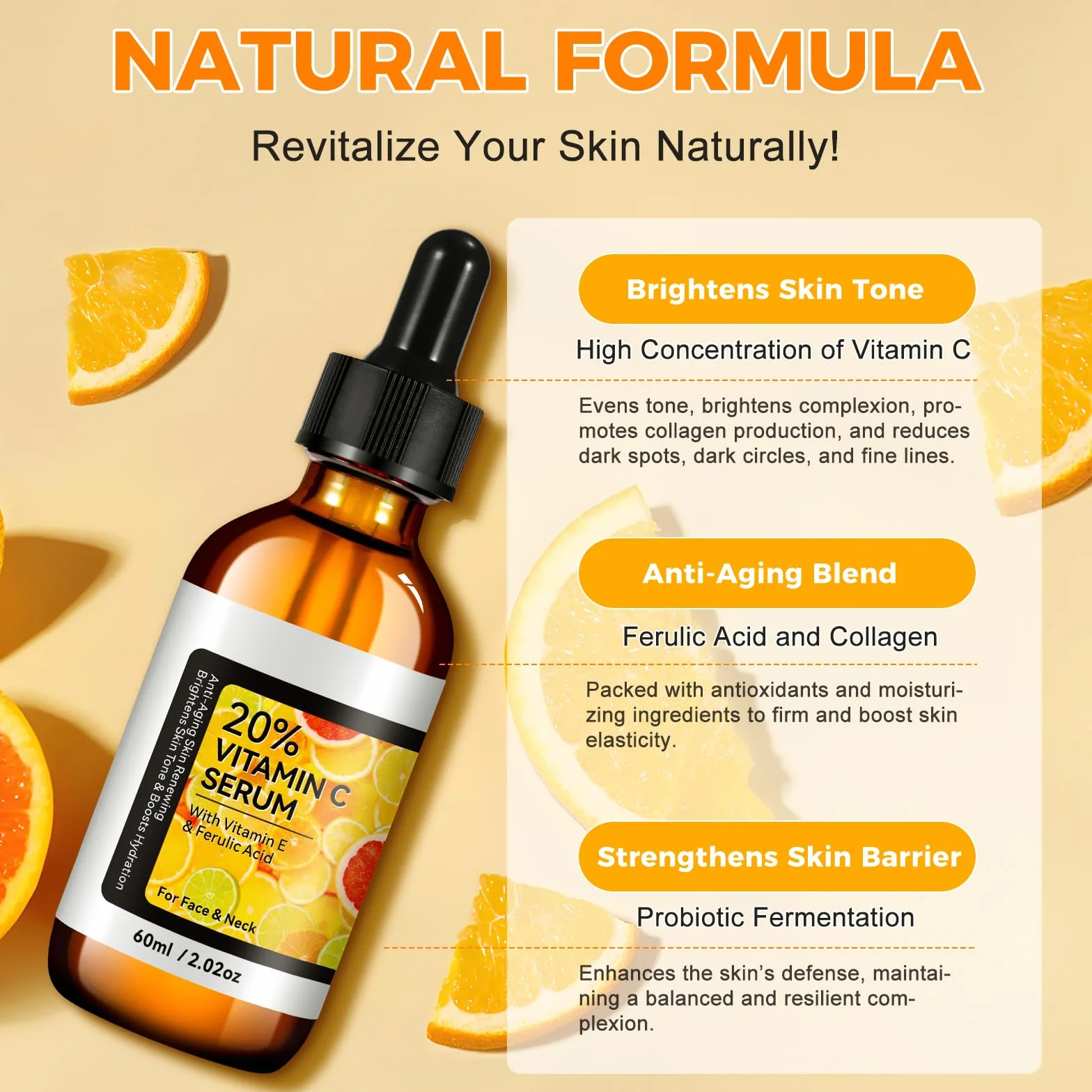Serum z witaminą C 60 ml, serum z witaminą C z kwasem laluronowym, witaminą E, aloesem, naturalną formułą przeciwzmarszczkową z kwasem ferulowym, organiczne, wegańskie, nawilżające i rozjaśniające