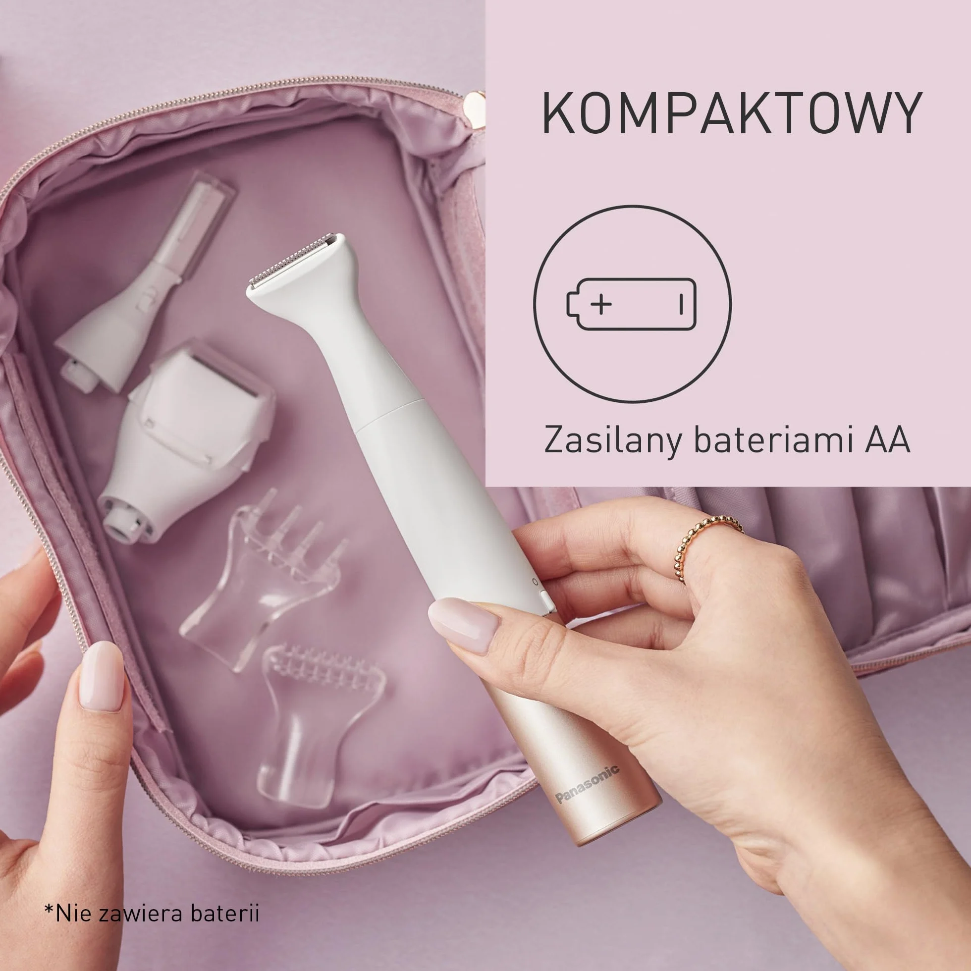 Panasonic ES-WM31 5 w 1 Do Ciała i Bikini, Golarka dla Kobiet, Golarki, Trymer do Bikini, 5 Końcówek, IPX7 Wodoodporna, Na Mokro i Na Sucho, Zasilana na Baterię (1 Bateria AA), Biało-Złoty