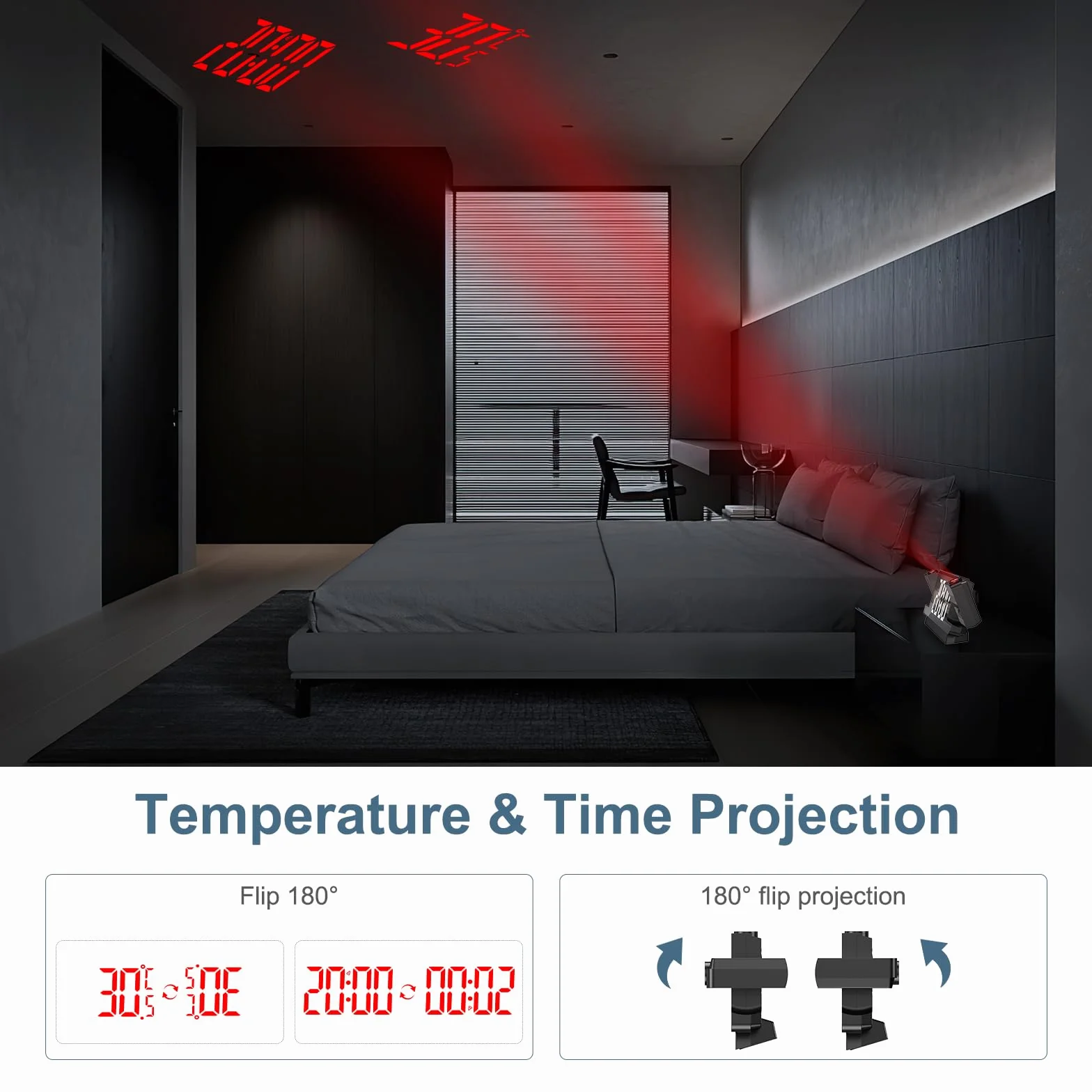Najnowszy podwójny budzik z projektorem, cyfrowy budzik z projekcją temperatury i wilgotności, zegar projekcyjny 180°, elektroniczny zegar stołowy, budzik podróżny, zegar cyfrowy do domu,
