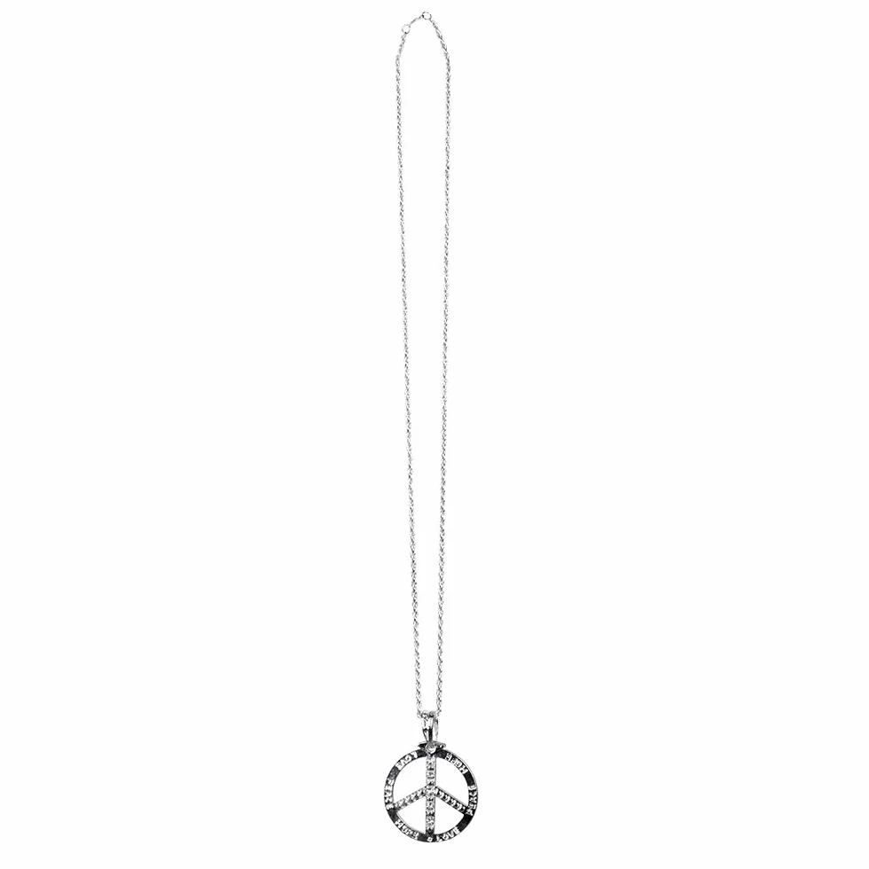 Boland 00632 - Naszyjnik Peace, srebrny z kamieniami ozdobnymi, modna biżuteria, Flower-Power, łańcuszek, akcesoria, kostium, karnawał, impreza tematyczna