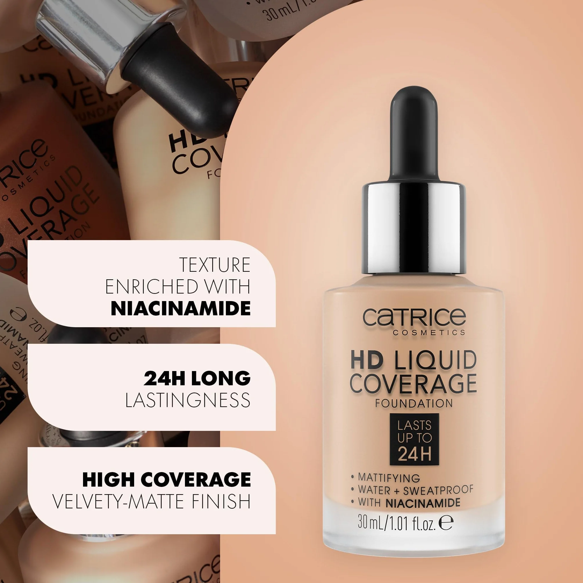 Catrice Podkład HD Liquid Coverage, długotrwały, matujący, matowy (30ml)