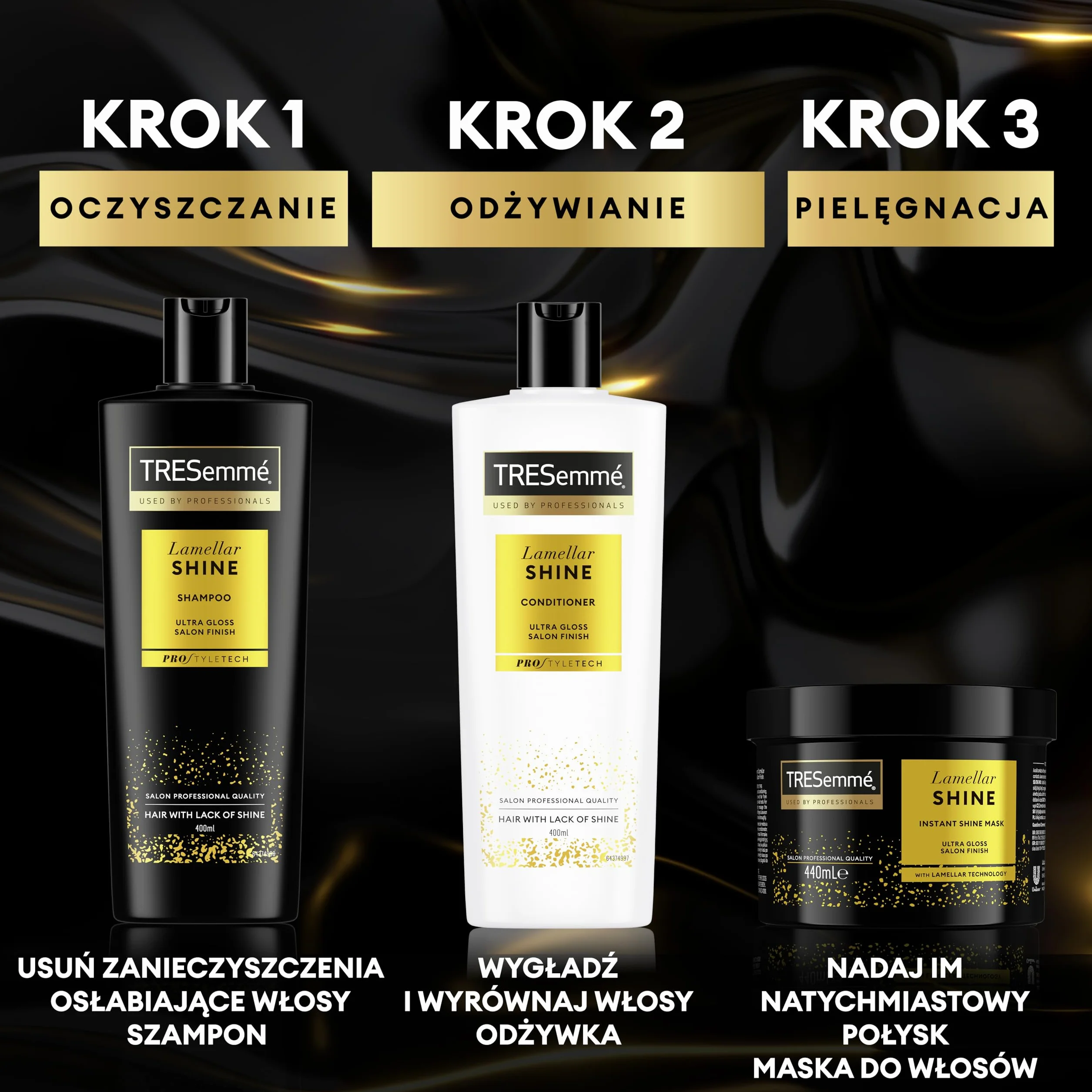TRESemmé Lamellar Shine Szampon Odżywka Maska Zestaw 400 ml + 400 ml + 440 ml 3 sztuki