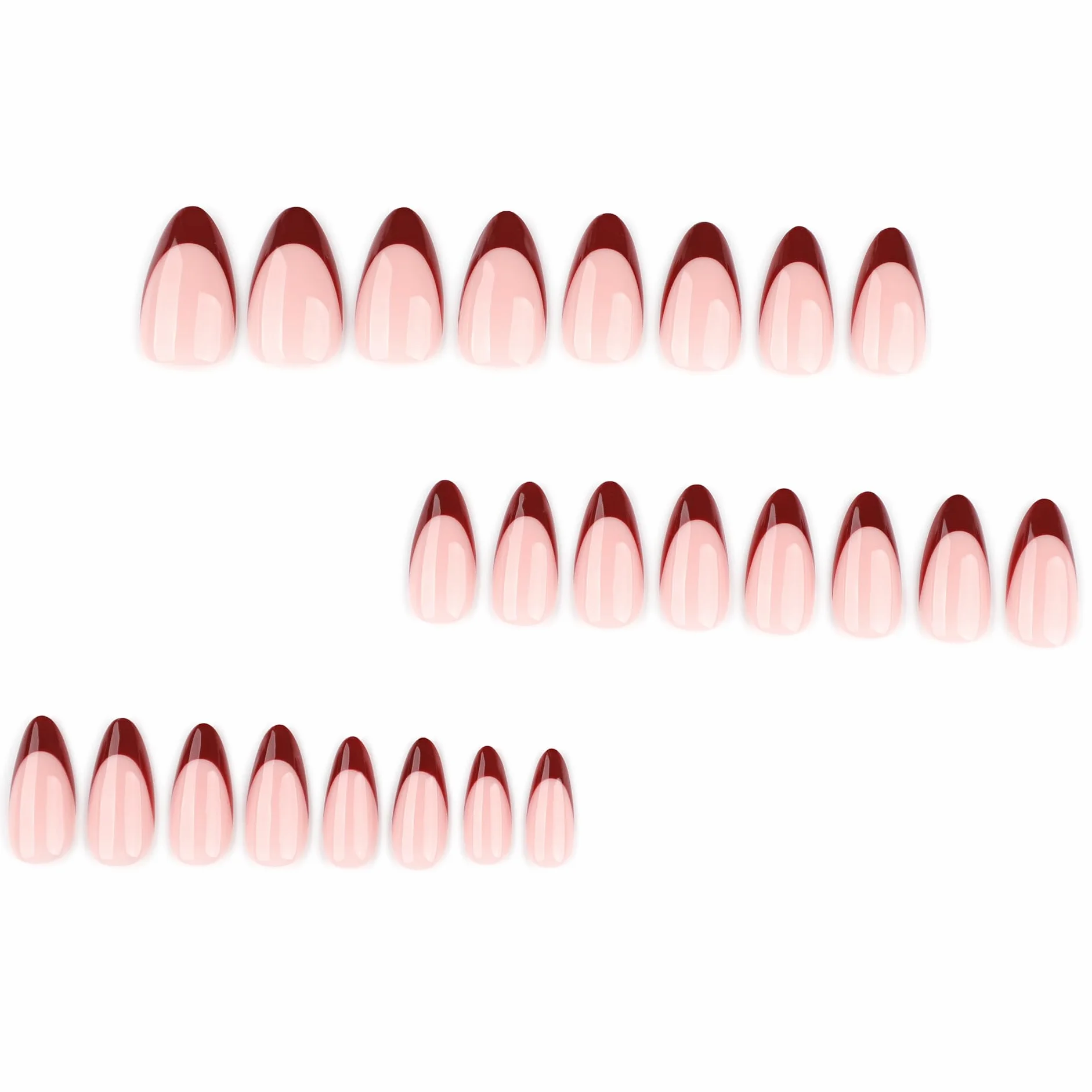 krótkie sztuczne paznokcie, czerwony migdał Burgundy French Design Short Glossy Press on Nails, Wine Red Tips Shiny Pure Colour Retro Chic Flair jesień zima INS Fake Nails