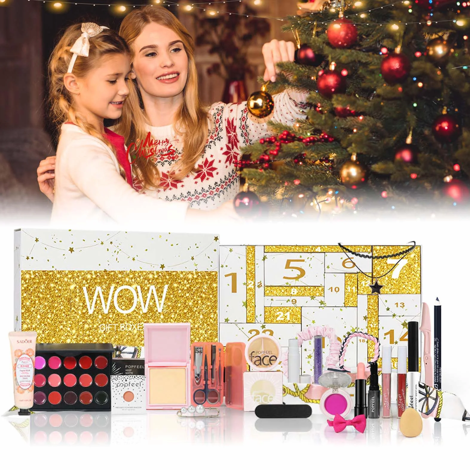 EONFAVE Beauty kalendarz adwentowy 2025, 24 sztuki, zestaw do makijażu, kalendarz adwentowy 2025, dla kobiet, zestaw do makijażu dla najlepszego zestawu prezentowego, ekskluzywne kosmetyki, z kredką