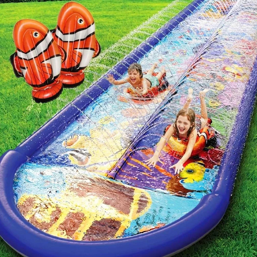stargo Podwójna zjeżdżalnia podwodna, 5,5 m x 1,5 m, z ochroną przed pryskaniem i zraszaczem, zjeżdżalnia wodna z nadmuchiwanymi bodyboardami - zabawa dla dzieci