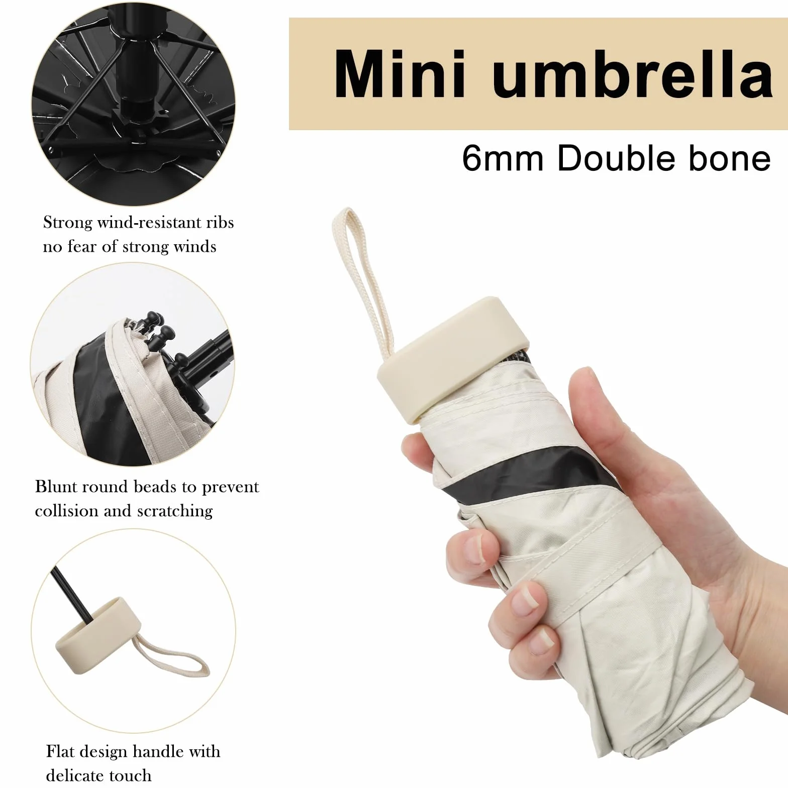 Mini parasol ultrakompaktowy, ultra lekki parasol kieszonkowy z 99% ochroną przed promieniowaniem UV i UPF50+, odporna na uderzenia tkanina, stalowy drążek, powierzchnia parasola 91 cm, beżowa