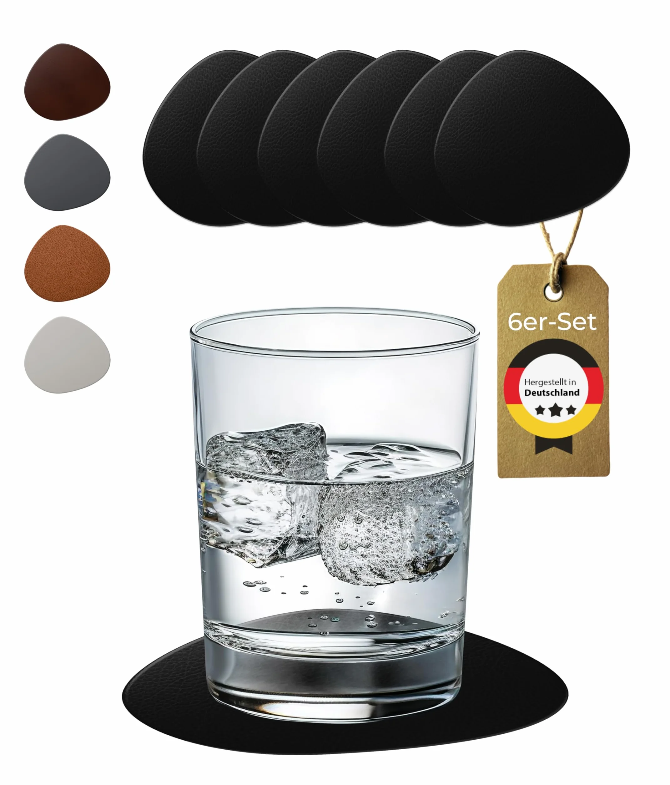 podkładki pod szklanki, nowoczesne, owalne, zestaw 6 sztuk, skórzane (skóra klejona), podstawki pod napoje, kolor: czarny, 11,5 cm, zmywalne, wyprodukowano w Niemczech (czarne)