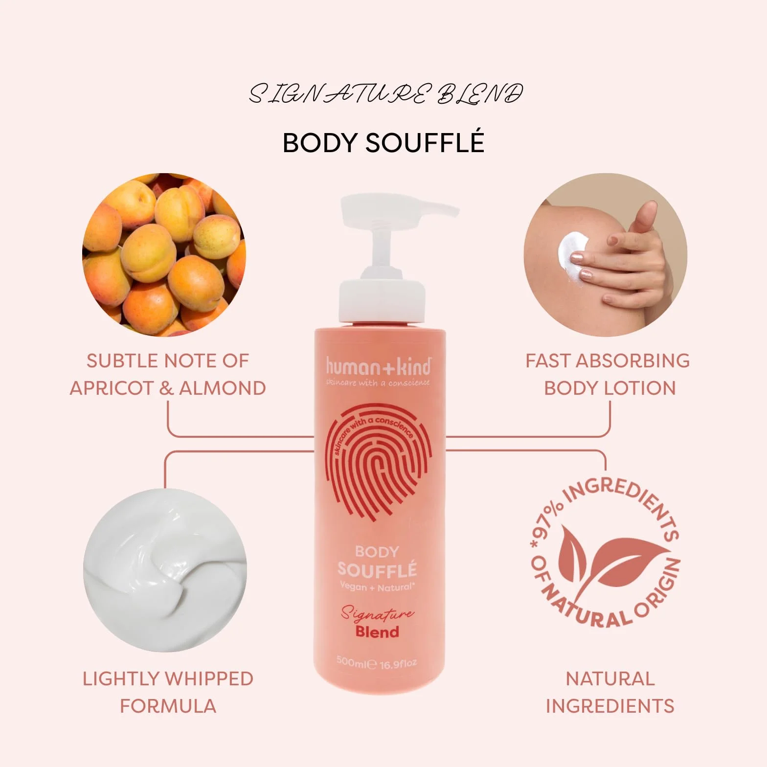 Human+Kind - Body Souffle - Lecht Schlagsahne-Feuchtigkeitscreme schnell ein - idealny do trockene oder zu ekzemen tendencyjnych Haut - natürliche, vegan Hautpflege - Flasche o pojemności 500 ml.