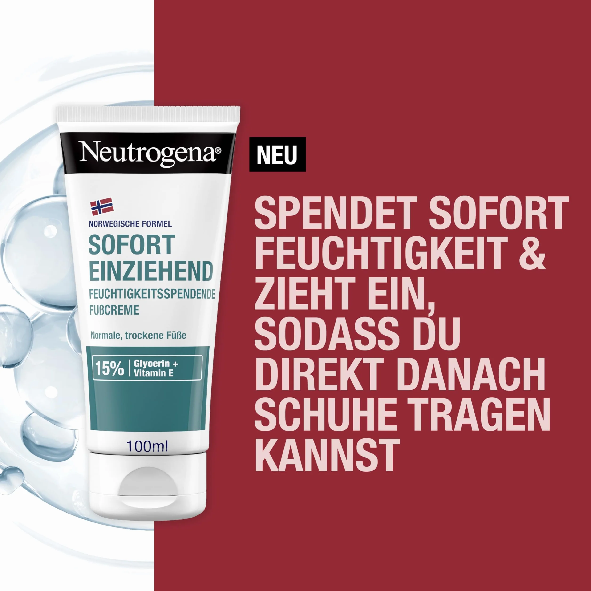 Neutrogena Norweska formuła natychmiast wchłaniający się krem do stóp (100 ml) do normalnych i suchych stóp, nawilżający krem do pielęgnacji stóp z 15% gliceryną + witaminą E