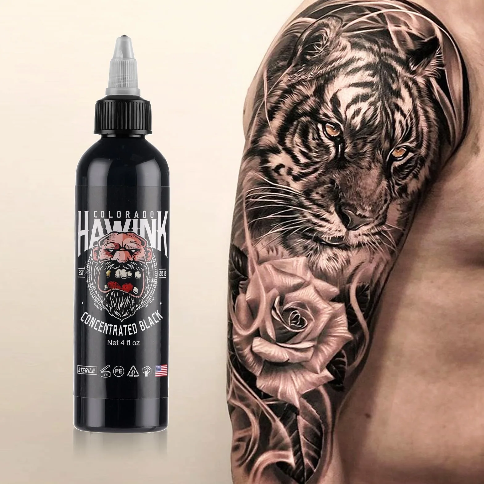 Hawink Black Tattoo Ink 4oz (120 ml) Vegan USA Standard Pigment Pure Black