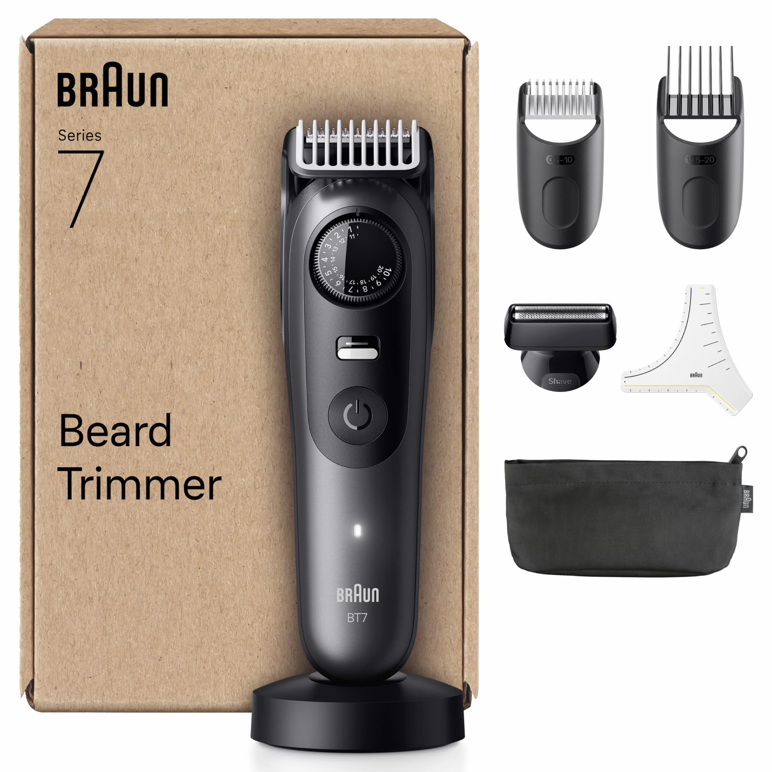 Braun Trymer do brody Series 7, elektryczny trymer do brody dla mężczyzn, z 7 akcesoriami, ostre ostrze do życia, czas pracy baterii 120 min, bezprzewodowa golarka do brody, 40 długości, wodoszczelna