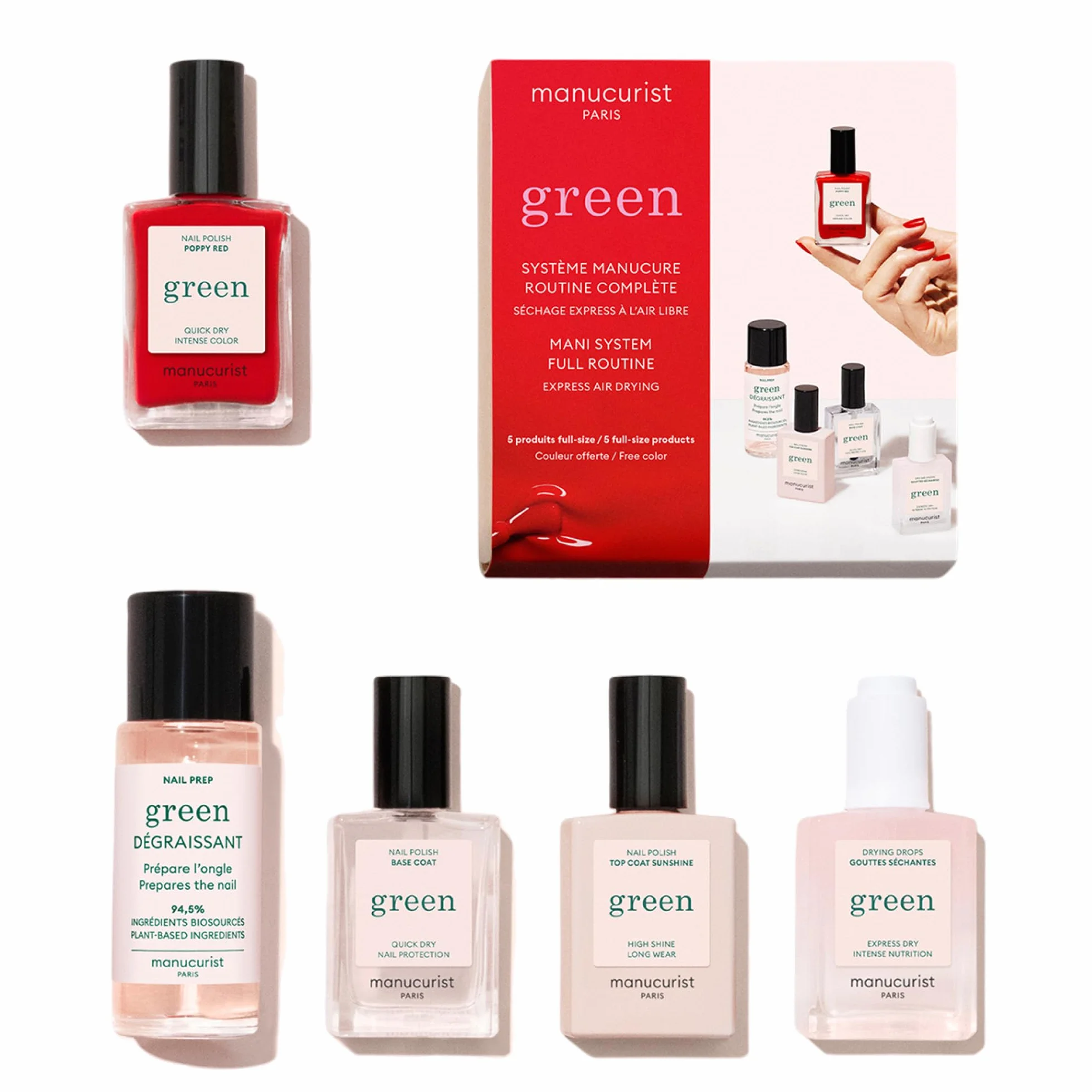 Manucurist System Green (Poppy Red) – profesjonalny zestaw upominkowy do manicure, wegański: 1 preparat do paznokci, 1 lakier bazowy, 1 lakier do paznokci, 1 top płaszcz, krople do suszenia - prezenty