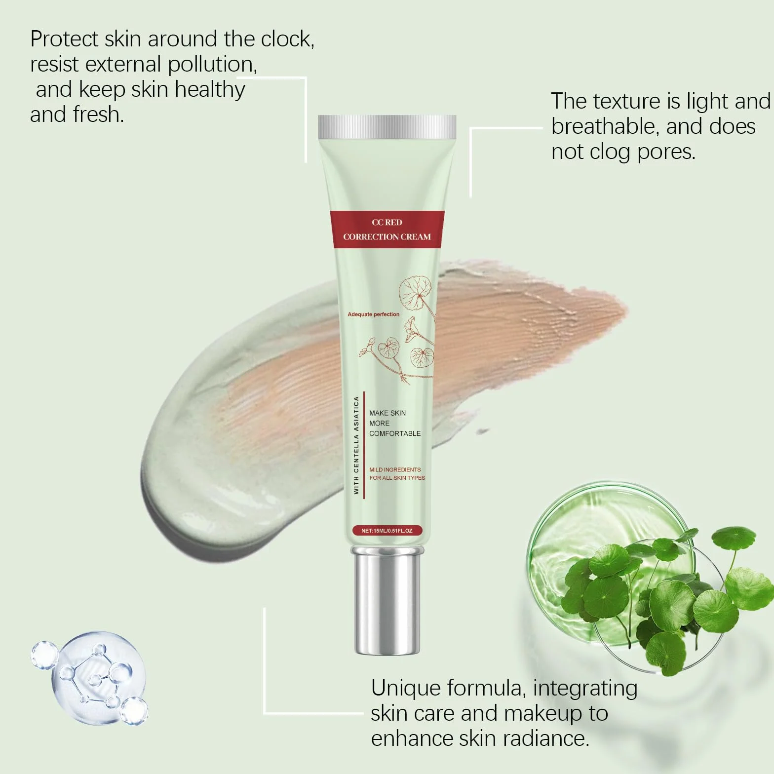 CC Cream Red Correct CC Cream, przyciemniony krem do twarzy z Centella Asiatica, krem korygujący kolor, nawilżający, poprawia cerę i nawilża