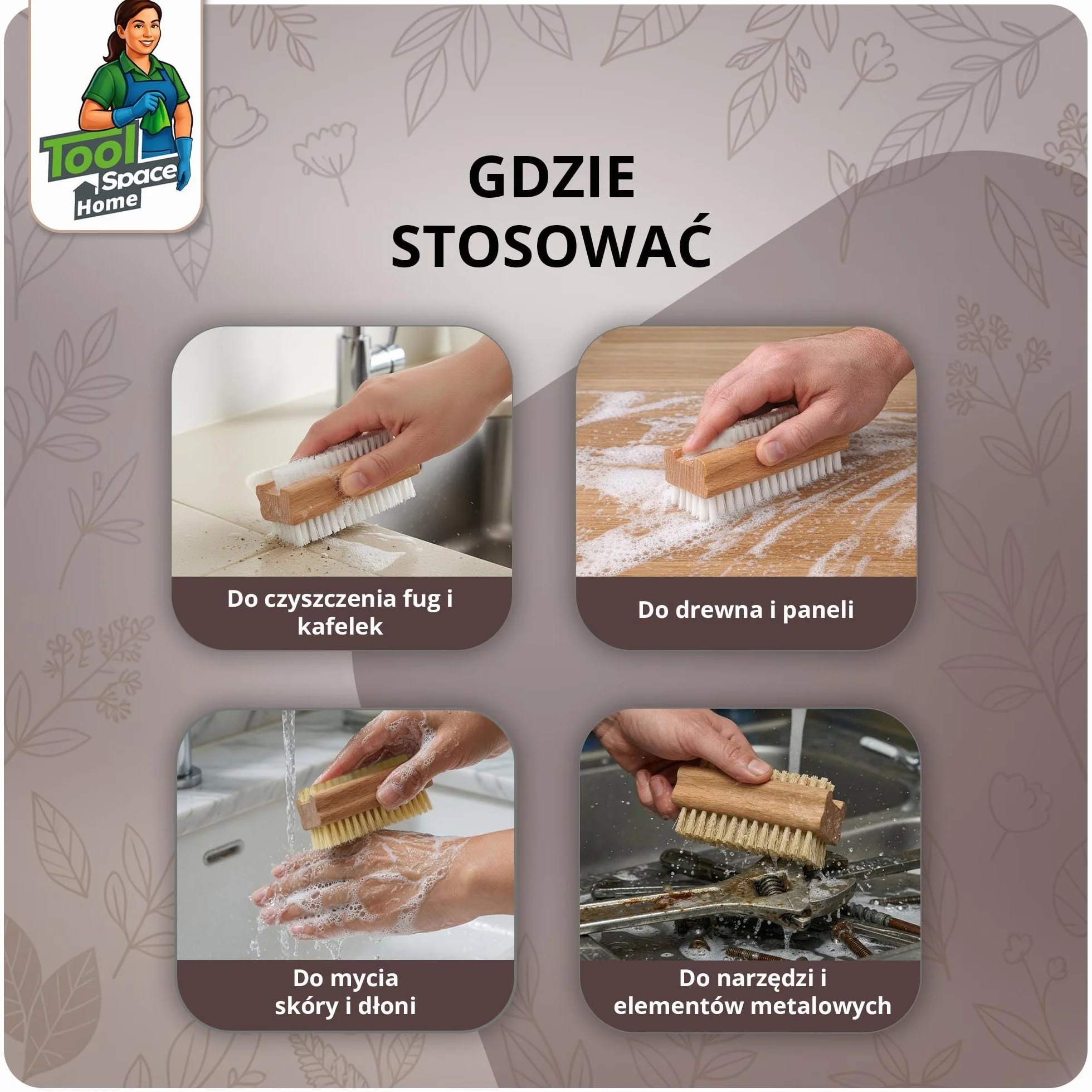 ToolSpace 10x Szczotka do czyszczenia paznokci Drewniana bukowa Agawa Tampico Włosie twarde elastyczne wytrzymałe