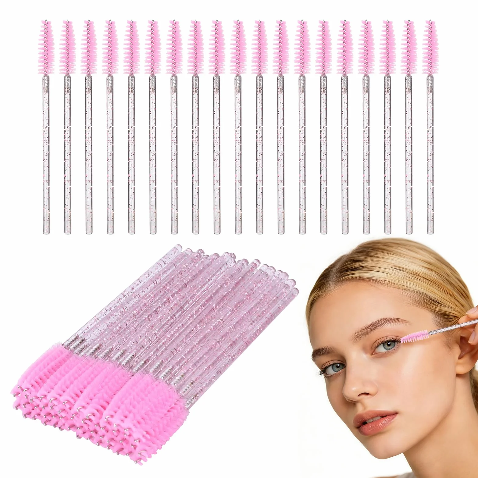 ATOMUS 100Pack Mascara Wands Disposable Eyelash Mascara Eyebrow Brushes Applicator Makeup Cosmetic Brush with Crystal Handle for Eyelash Extensions Mascara Use (100pcs pink)