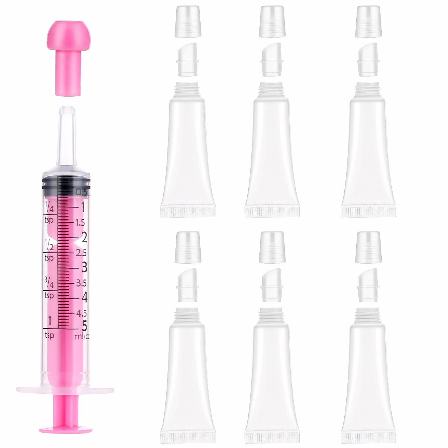 AHQiZFX Zestaw 6 pustych tubek do usta, przezroczyste strzykawki 5 ml, do szamponu, błyszczyka i balsamu