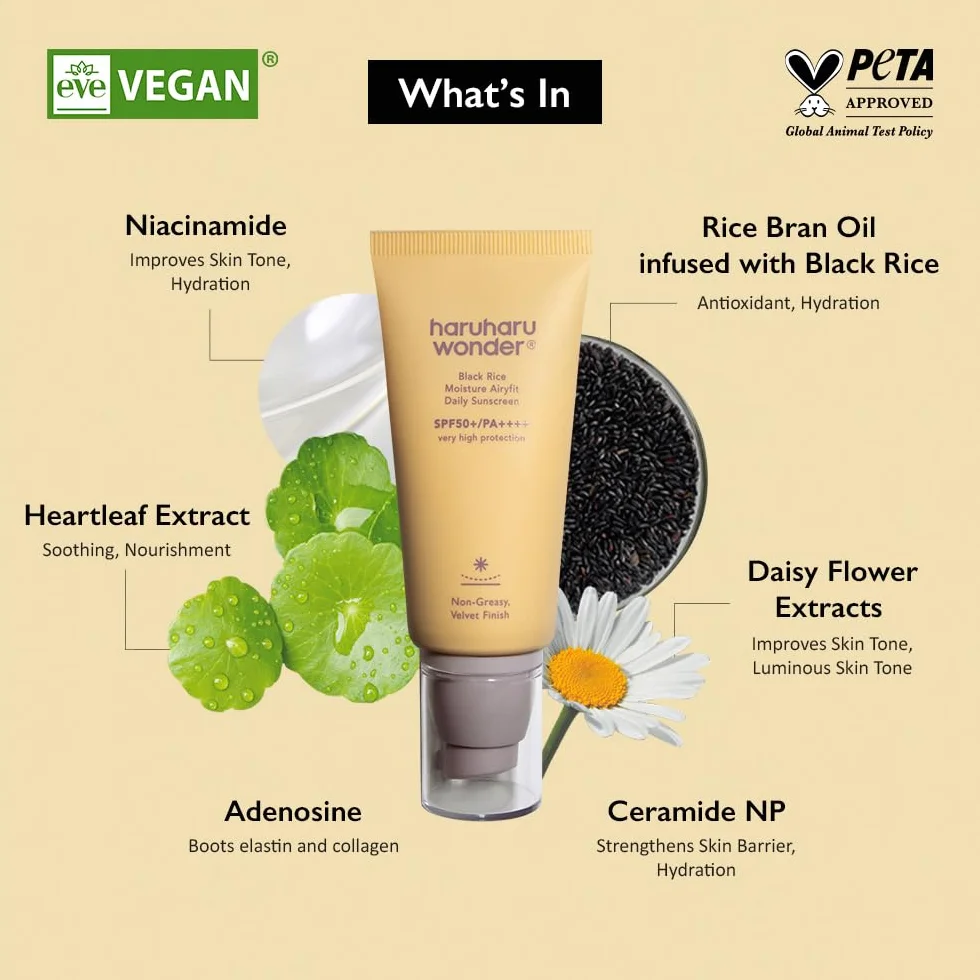 Haruharu Wonder Black Rice Moisture Airyfit Daily Sunscreen SPF50+ PA++++ szerokie spektrum UVA/UVB kwas hialuronowy niacynamid