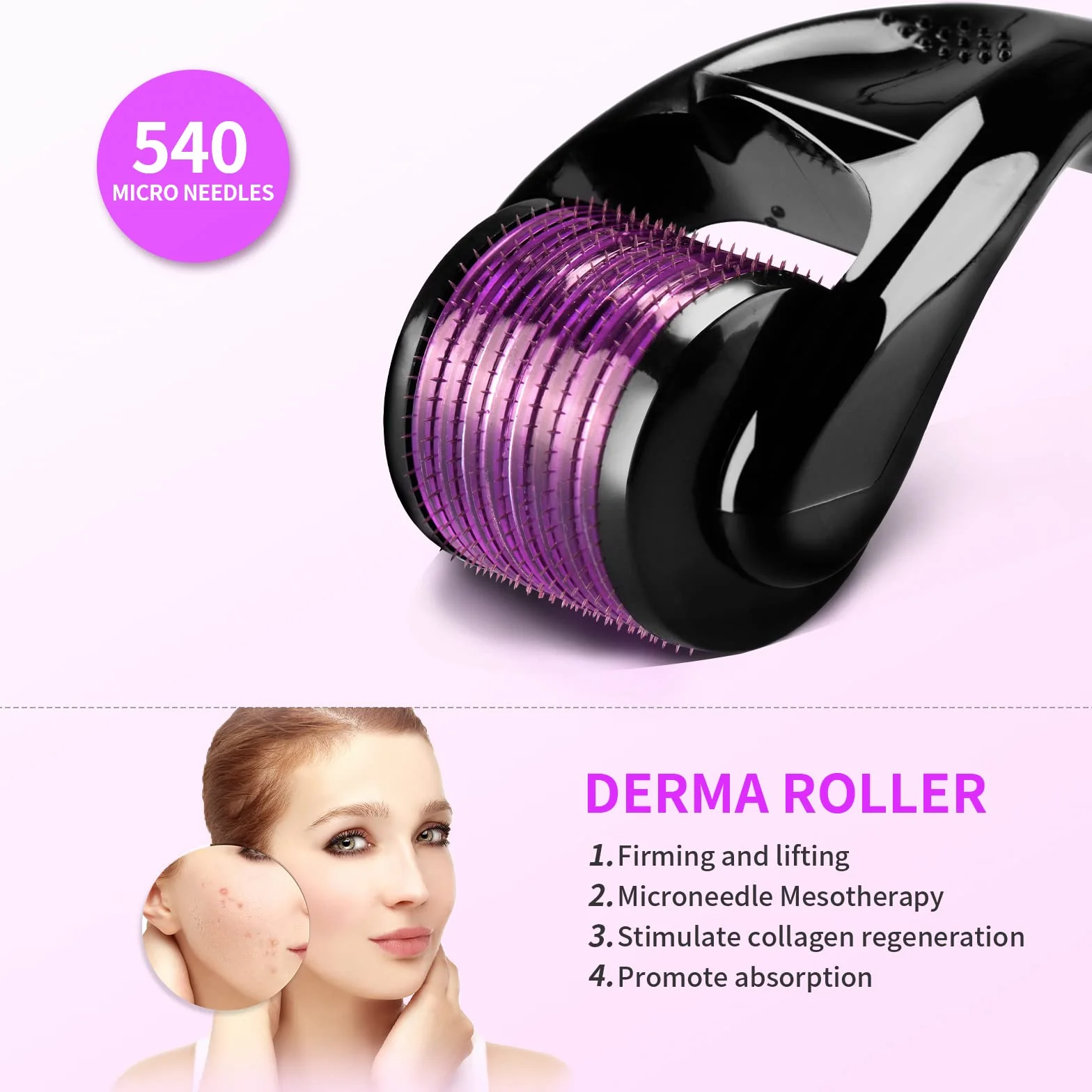 Derma-roller 0,5 mm, 540 tytanowy wałek z mikroigłami do skóry twarzy, odmładzająca, przeciwzmarszczkowa, regeneracja skóry, wypadanie włosów, blizny po trądziku, rozstępy