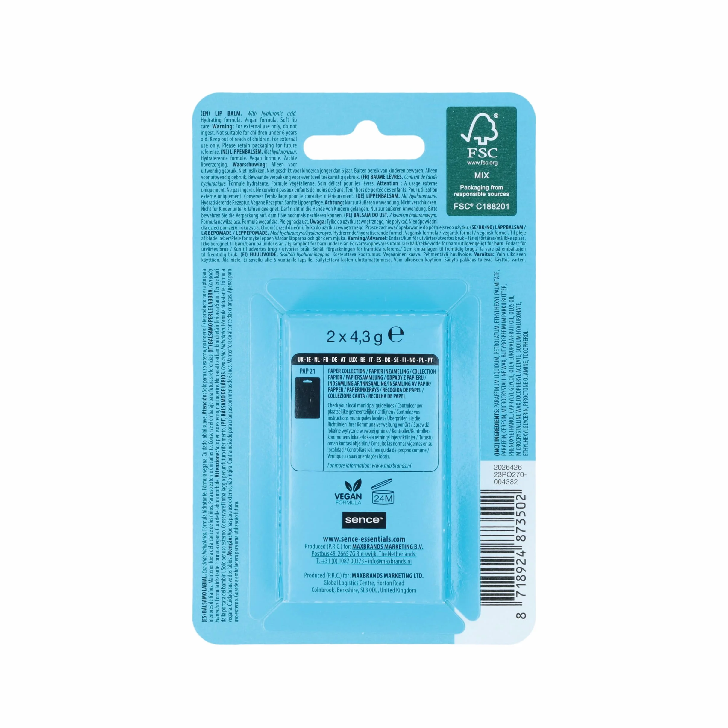 Sence Balm Hydro Shock, pomadka do ust z kwasem hialuronowym i parafiną, kosmetyk do pielęgnacji ust, pielęgnacja na dzień dla gładkich ust, wegańska pomadka do ust (2 x 4,3 g)