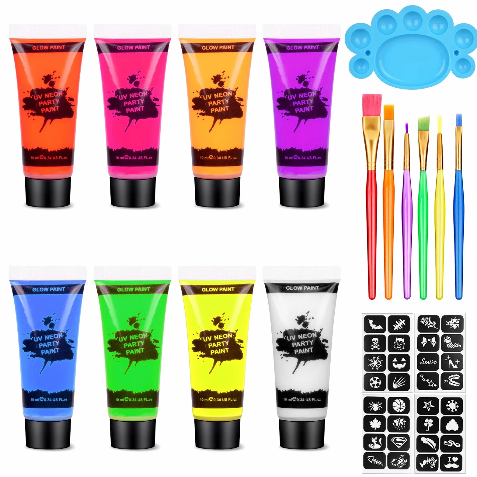 AOOWU Zestaw farb do twarzy 8 kolorów UV neonowa fluorescencyjna nietoksyczna z pędzlem paletowym