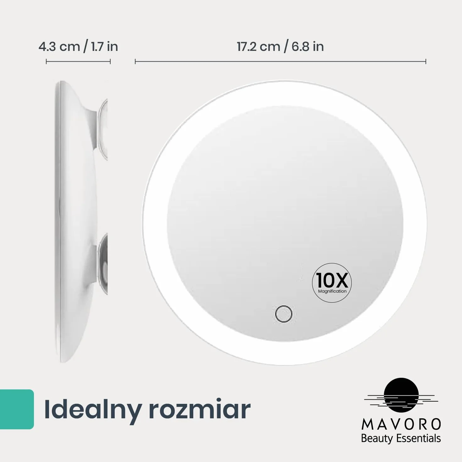 Mavoro Lustro powiększające LED 17.3 cm z 3 mocnymi przyssawkami, 10-krotne powiększenie, przenośne, podświetlane, podróżne lusterko do makijażu i kosmetyczne ze światłem, 10 x akumulator USB-C