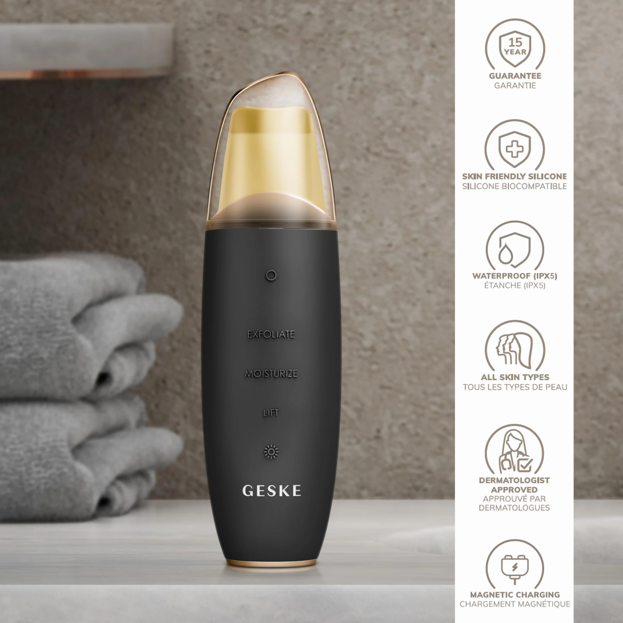 GESKE | SmartAppGuided™ Mikroprądowy peeling do skóry i usuwanie zaskórników | 9 w 1 | Narzędzia do pielęgnacji skóry | Czyszczenie twarzy | Działanie przeciwstarzeniowe i oczyszczanie
