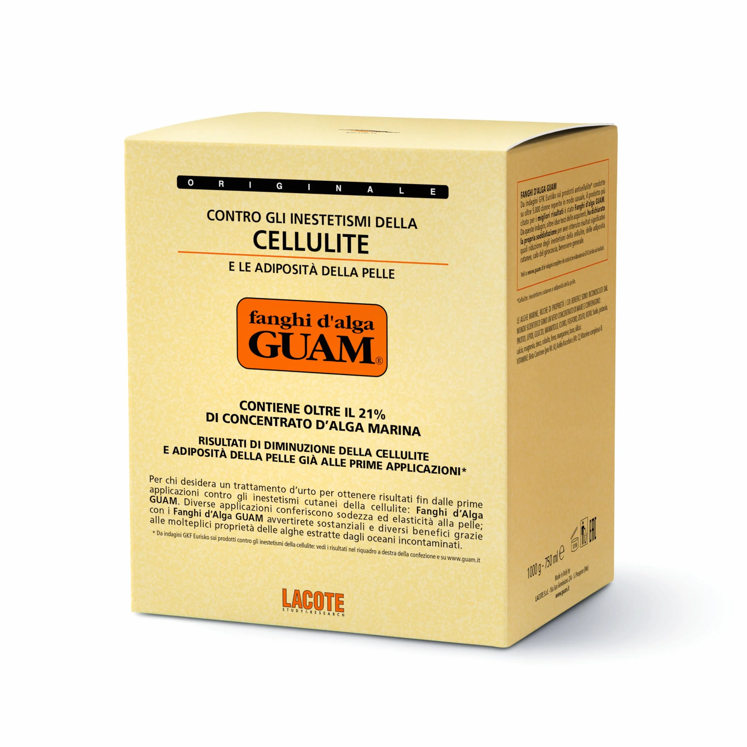 Guam, Algenfango Guam, tradycyjna formuła, widoczna redukcja cellulitu i złogów tłuszczu na skórze, wyprodukowano we Włoszech, opakowanie 1 kg