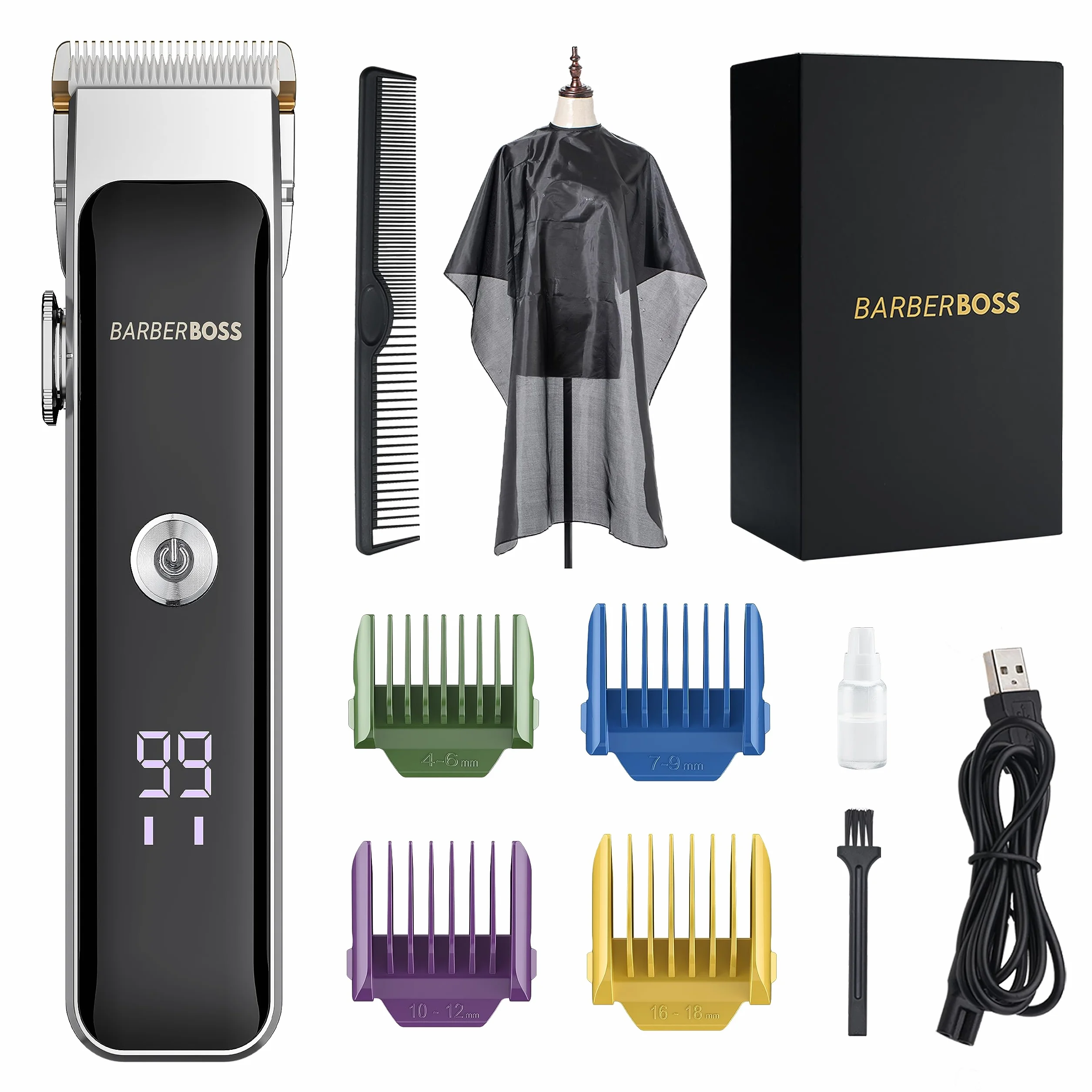 BarberBoss Profesjonalny trymer do twarzy do brody i włosów, kompaktowa konstrukcja, precyzyjne pokrętło, 2 ustawienia prędkości, ładowanie USB, ostrze ceramiczne i tytanowe, wyświetlacz LED, QR-2089