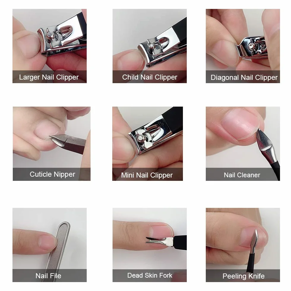 Profesjonalny zestaw do manicure i pedicure ze stali nierdzewnej, 18 sztuk, ze skórzaną torbą podróżną, czarny