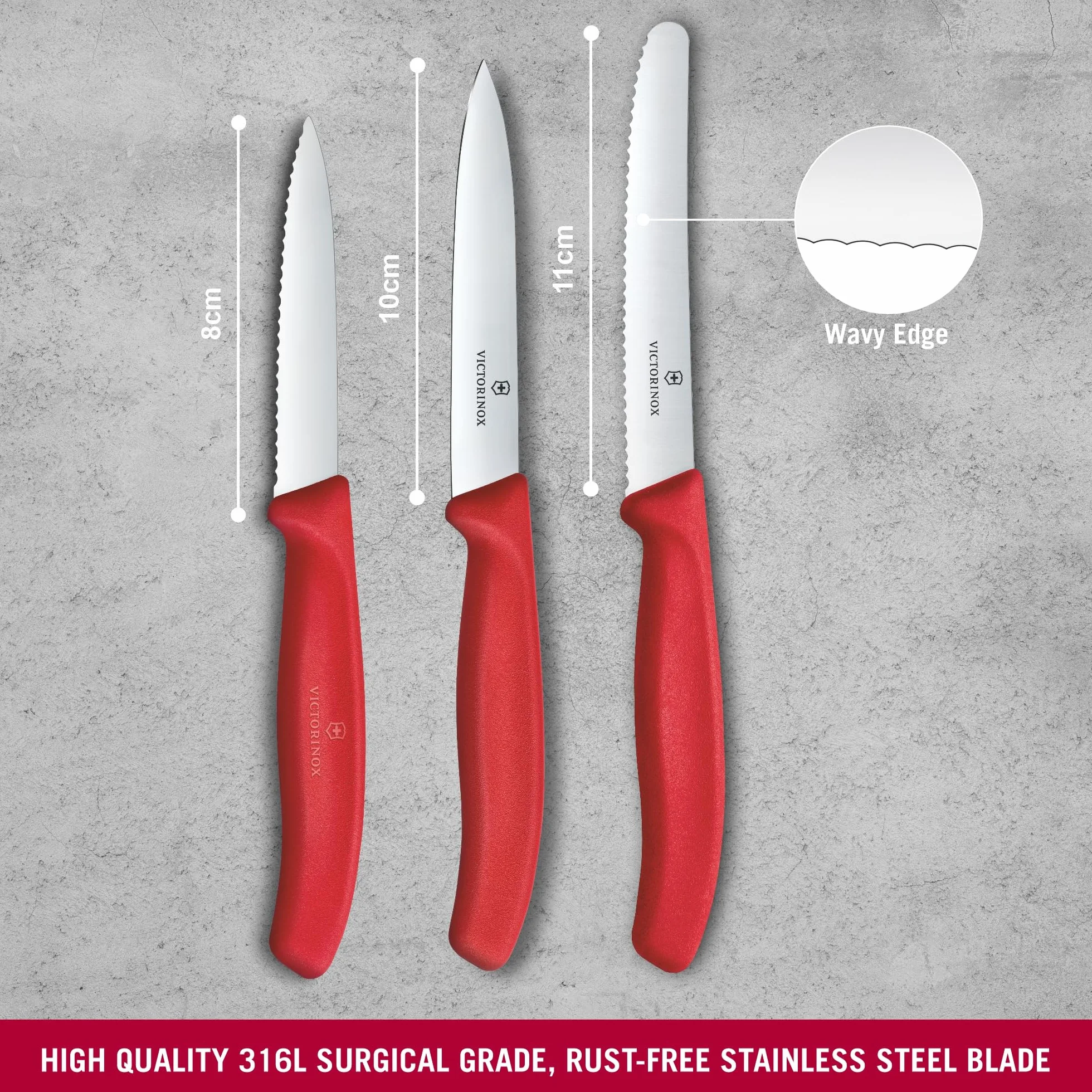 Victorinox Swiss Classic 3-częściowy zestaw noży kuchennych do obierania, nóż do pomidorów i nóż do musli, wytrzymały uchwyt z tworzywa sztucznego, stal nierdzewna, czerwony