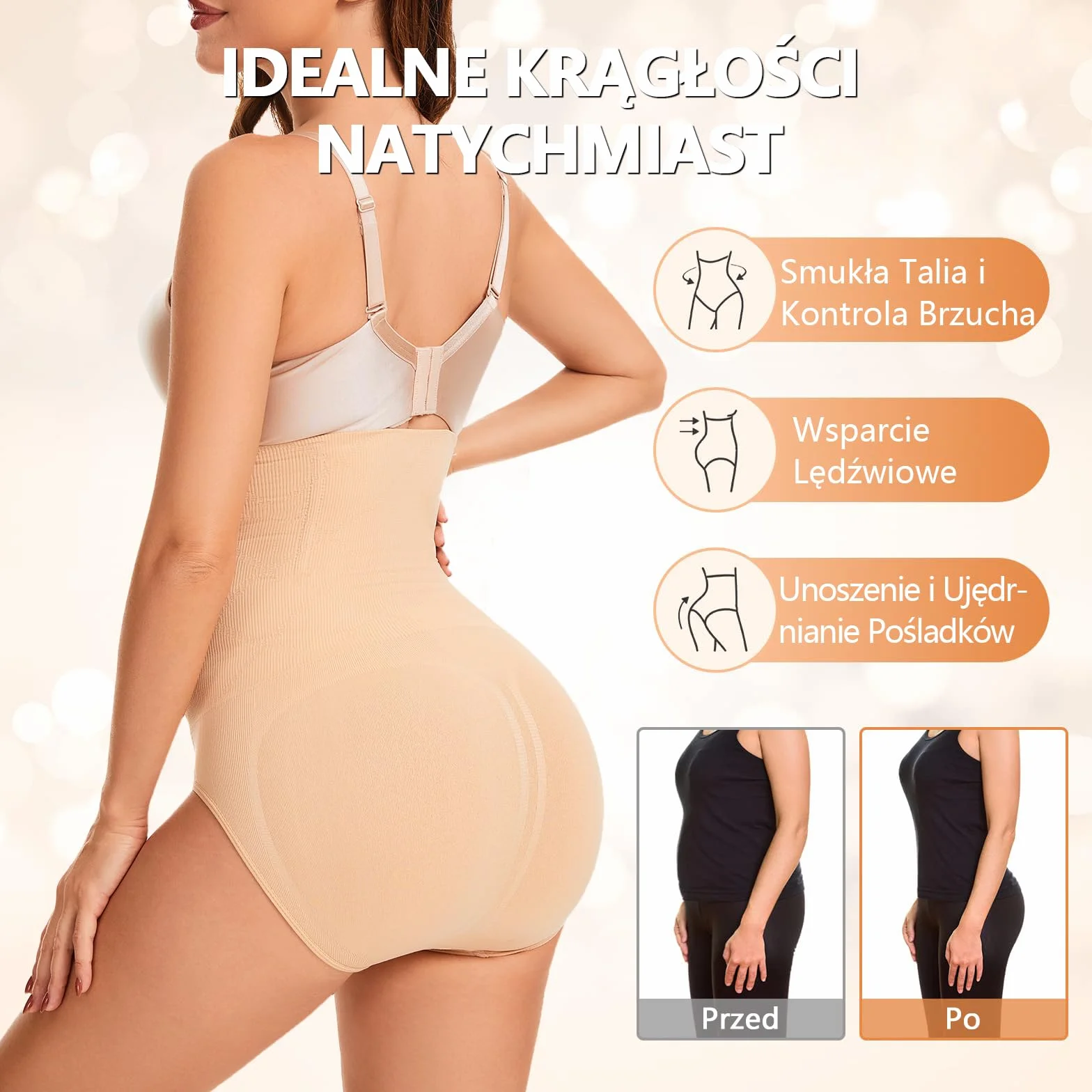 Damskie majtki modelujące z wysokim stanem – trener talii i kontrola brzucha, bezszwowa bielizna korygująca sylwetkę, unosi pośladki, do regeneracji po porodzie, 90% nylon