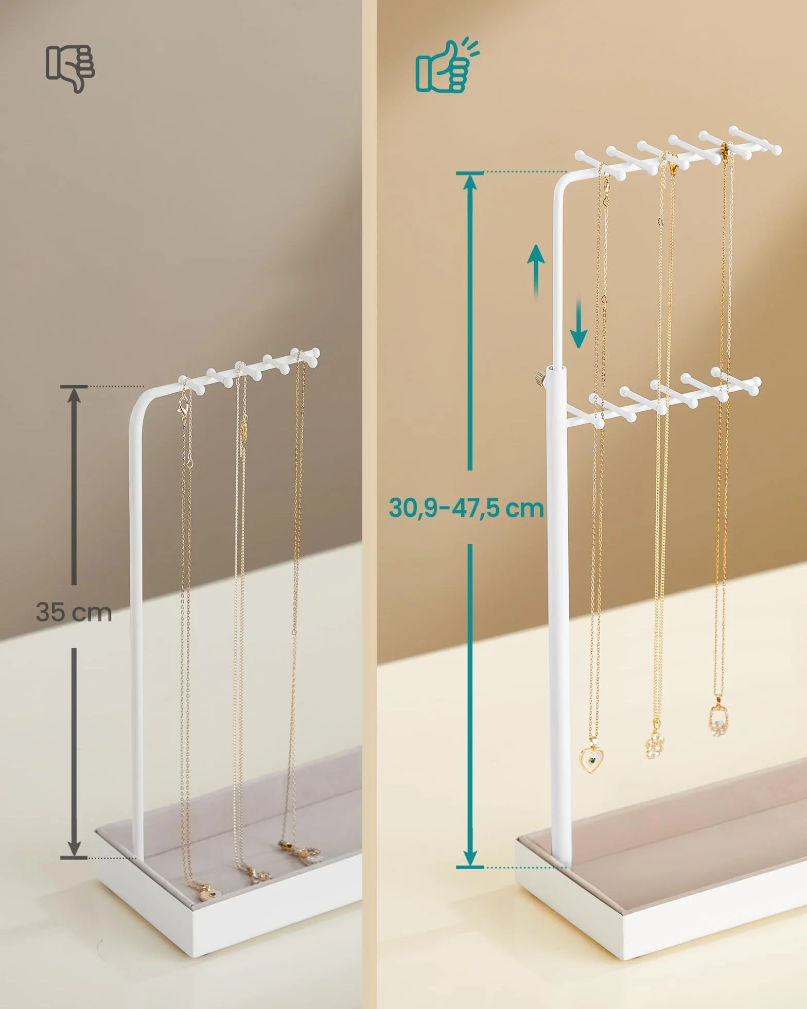 SONGMICS Stojak na biżuterię, uchwyt na biżuterię, metalowa rama, aksamitna tacka na biżuterię, rozkładany uchwyt na naszyjniki, wysokość 30,9-47,5 cm, przechowywanie biżuterii, matowa biel JJS026W01