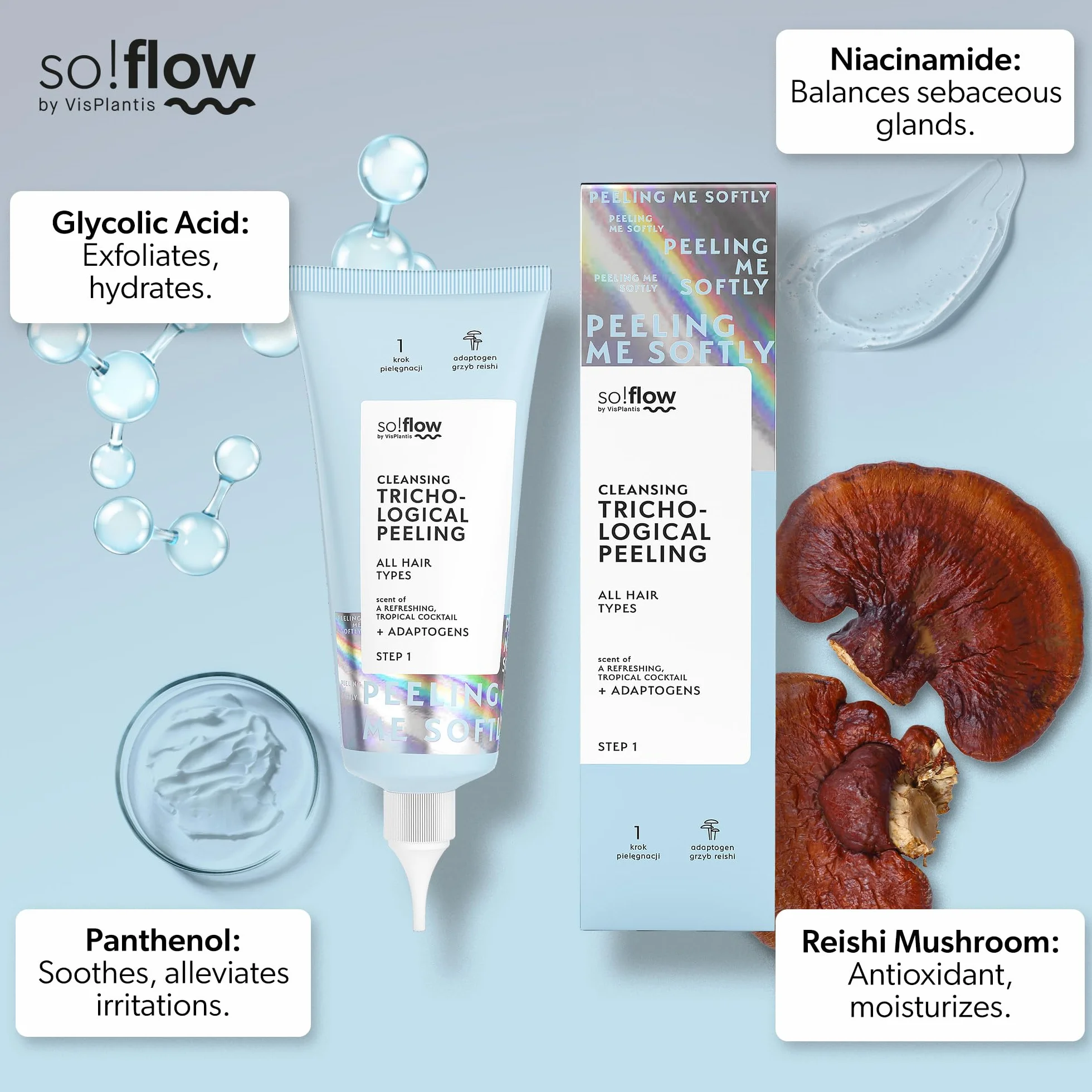 Peeling do Skóry Głowy So!Flow: Głębokie Oczyszczanie i Nawilżanie, Usuwanie Zanieczyszczeń i Nadmiaru Sebum, Łagodzenie Podrażnień, Zawiera Grzyb Reishi i Kompleks Kwasów Owocowych