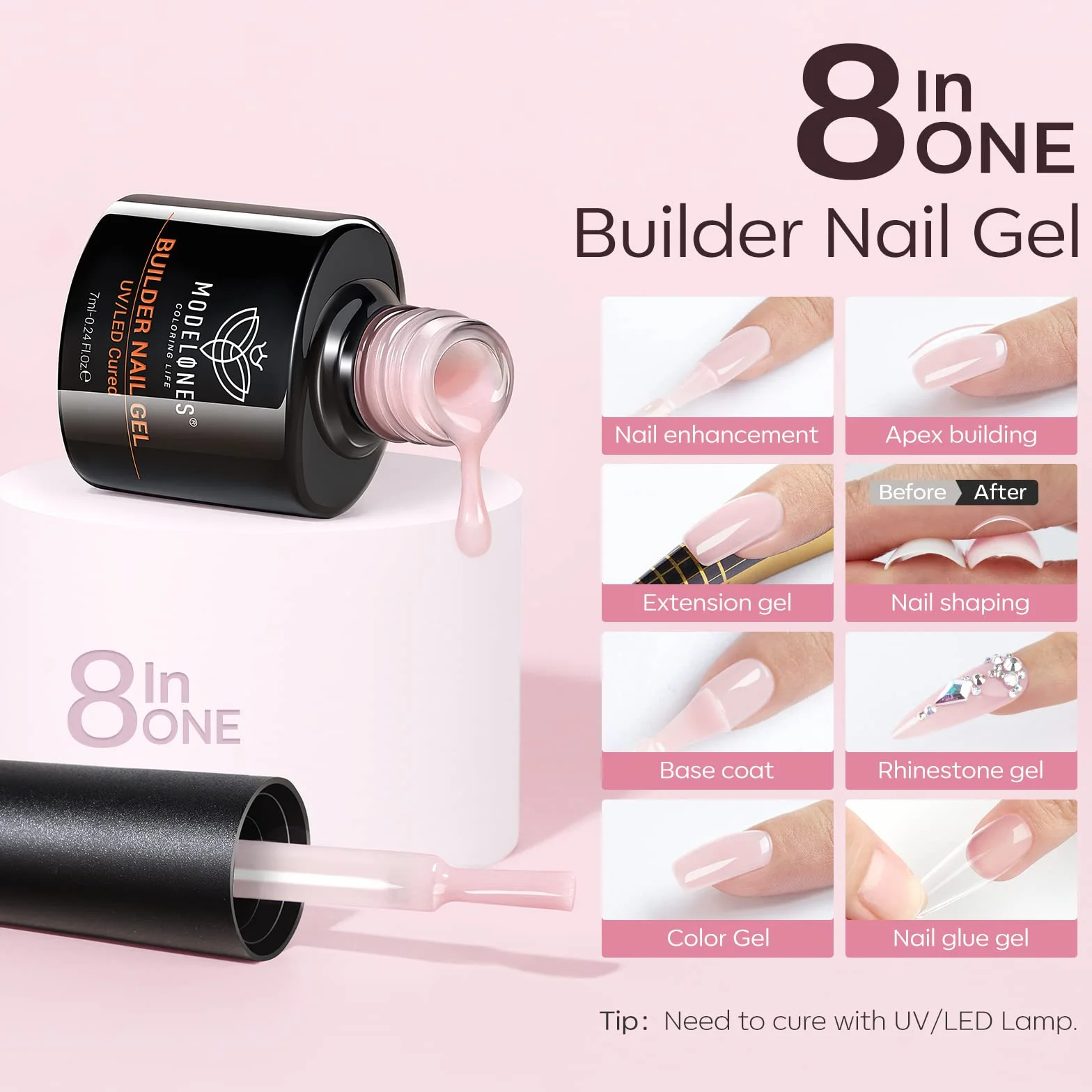 modelones 8 w 1 żel do Budowy Paznokci UV, Zestaw Gummy Base Pose Americaine, Półtrwały Lakier Hybrydowy UV, Kapsułki i Przedłużki do Manicure