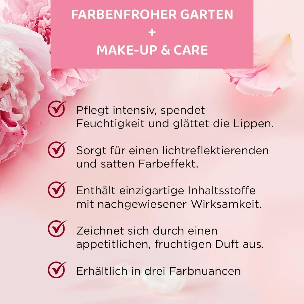 Eveline Cosmetics Nawilżająca pomadka nr 01 - seria Flower Garden | wegańska, pielęgnująca z kwasem hialuronowym i ekstraktem z piwonii