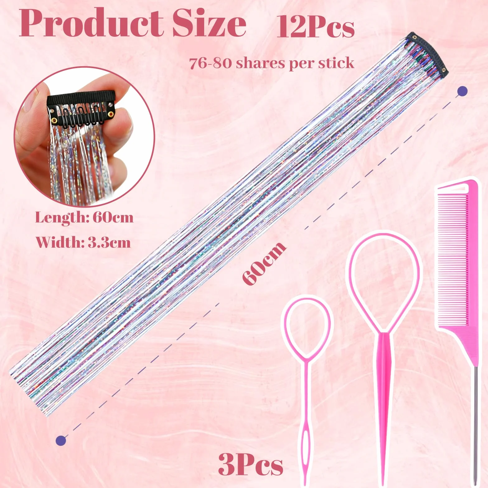 Tinsel Przedłużenie włosów z brokatem, 12 sztuk, 60 cm, dla dziewcząt, kobiet, dzieci, kolorowe pasemka na Boże Narodzenie i święta (marzycielskie kolory)